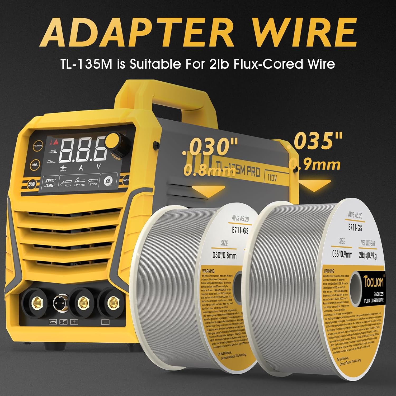 TOOLIOM 135A Gasless Flux Core MIG Welder 110V MIG Welder Flux MIG/Lift TIG/Stick 3 in 1 Welding Machine IGBT DC Inverter with LCD Display