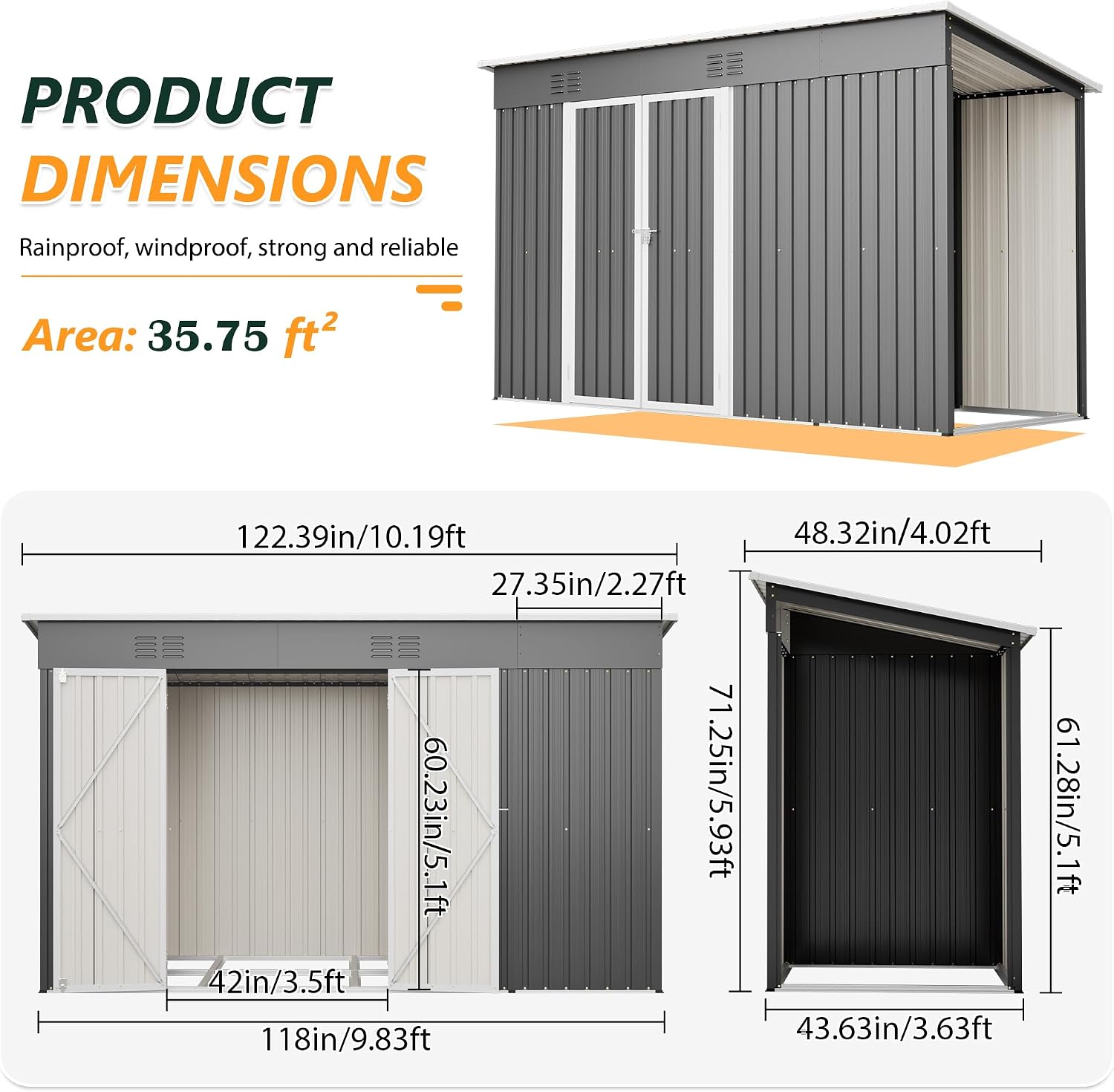Outdoor Storage Shed, 10 X 4 FT Large Metal Utility Tool Sheds with Floor Base & Wood Storage, Steel Garden Shed with Updated Frame Structure for Backyard Patio Lawn, Grey