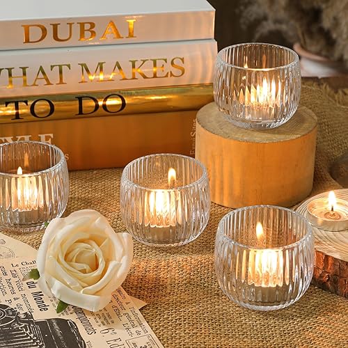 Miniatura 3 de Juego de 6 portavelas votivas de vidrio acanalado, portavelas de vidrio transparente para velas cónicas, elegantes centros de mesa para bodas,
