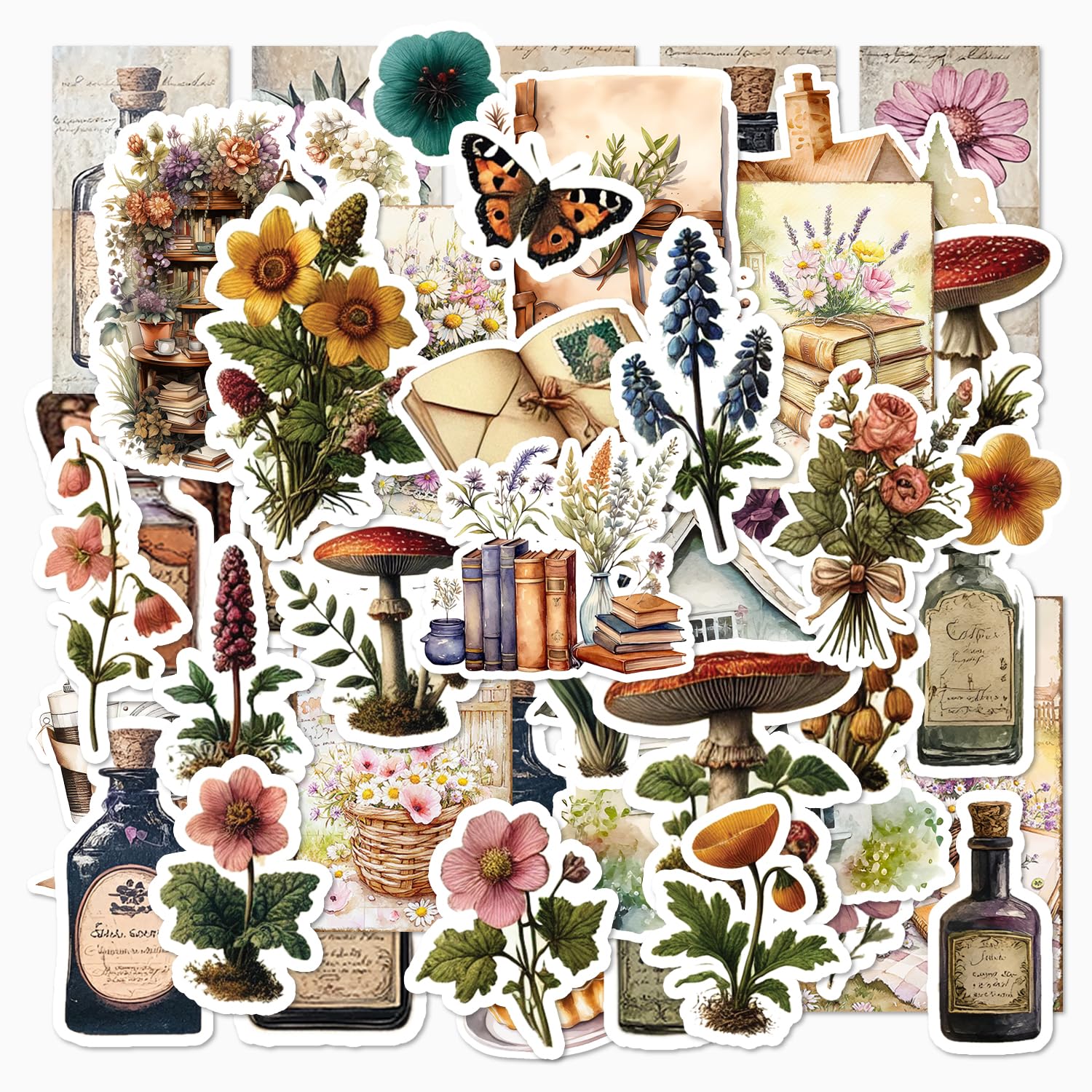 200PCS Cottagecore Stickers Junk Journal Supplies, Scrapbook Supplies, Vintage Plants Flowers Fairy Sticker for Decoration Planners Scrapbook Water