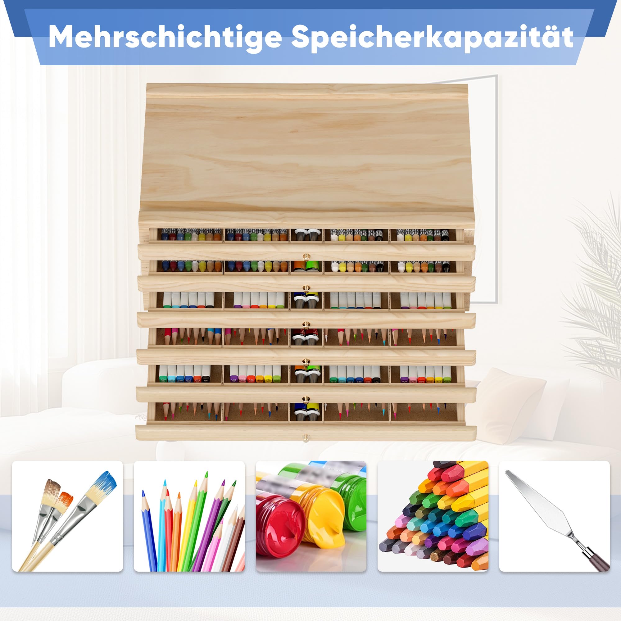 Aufbewahrungsbox für Künstler 6 Schublade 40×25.5×15.5cm Schubladen Organizer Holz Schubladenbox Werkzeugkiste für Künstlerbedarf, Acrylmalerei Zubehör, Malutensilien, Jewelry, needlework tools