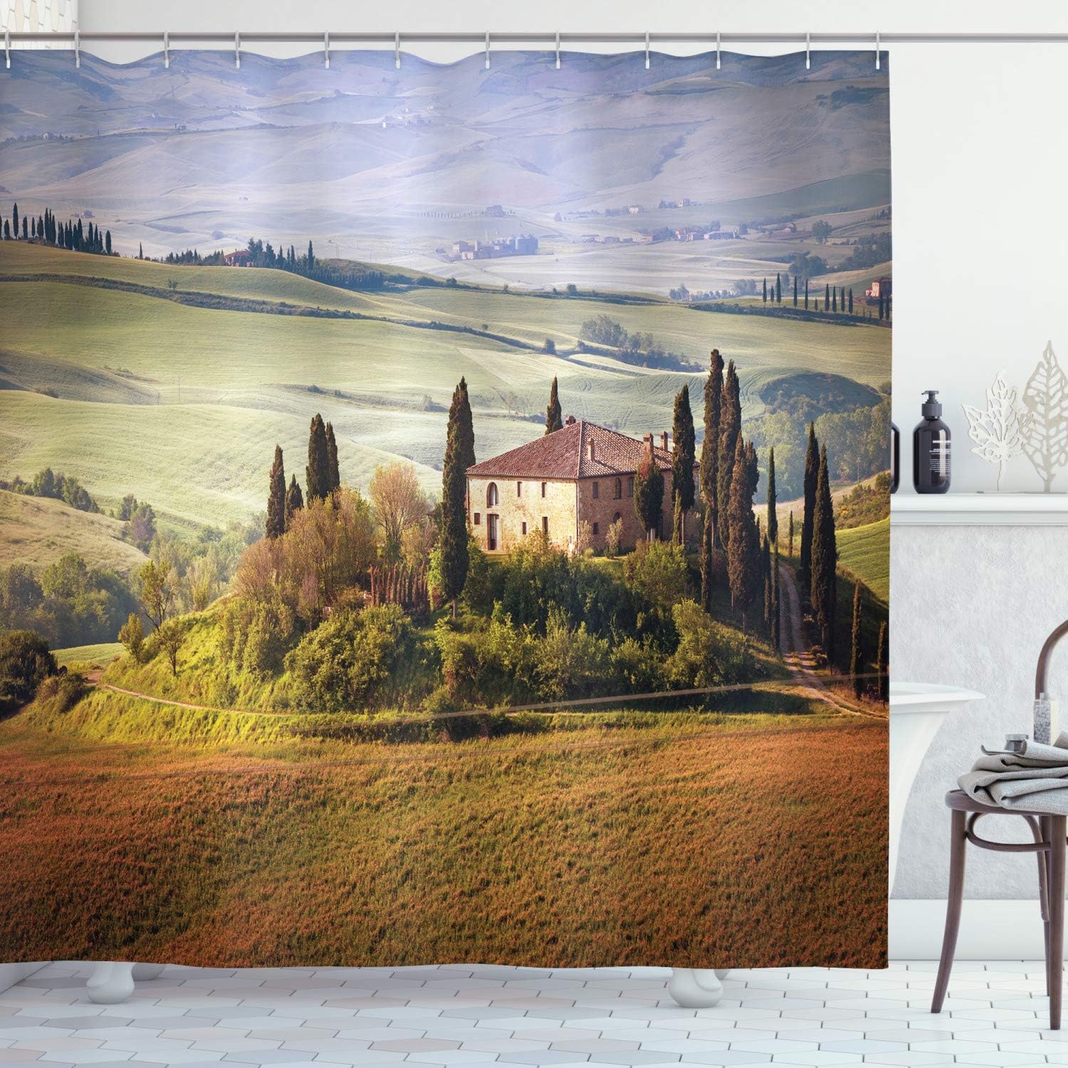 Ambesonne Tuscan Shower Curtain, Tuscany Seen from Stone Village of Montepulciano Italy in Cloudy Day, Cloth Fabric Bathroom Decor Set with Hooks, 69" W x 70" L, Green Brown