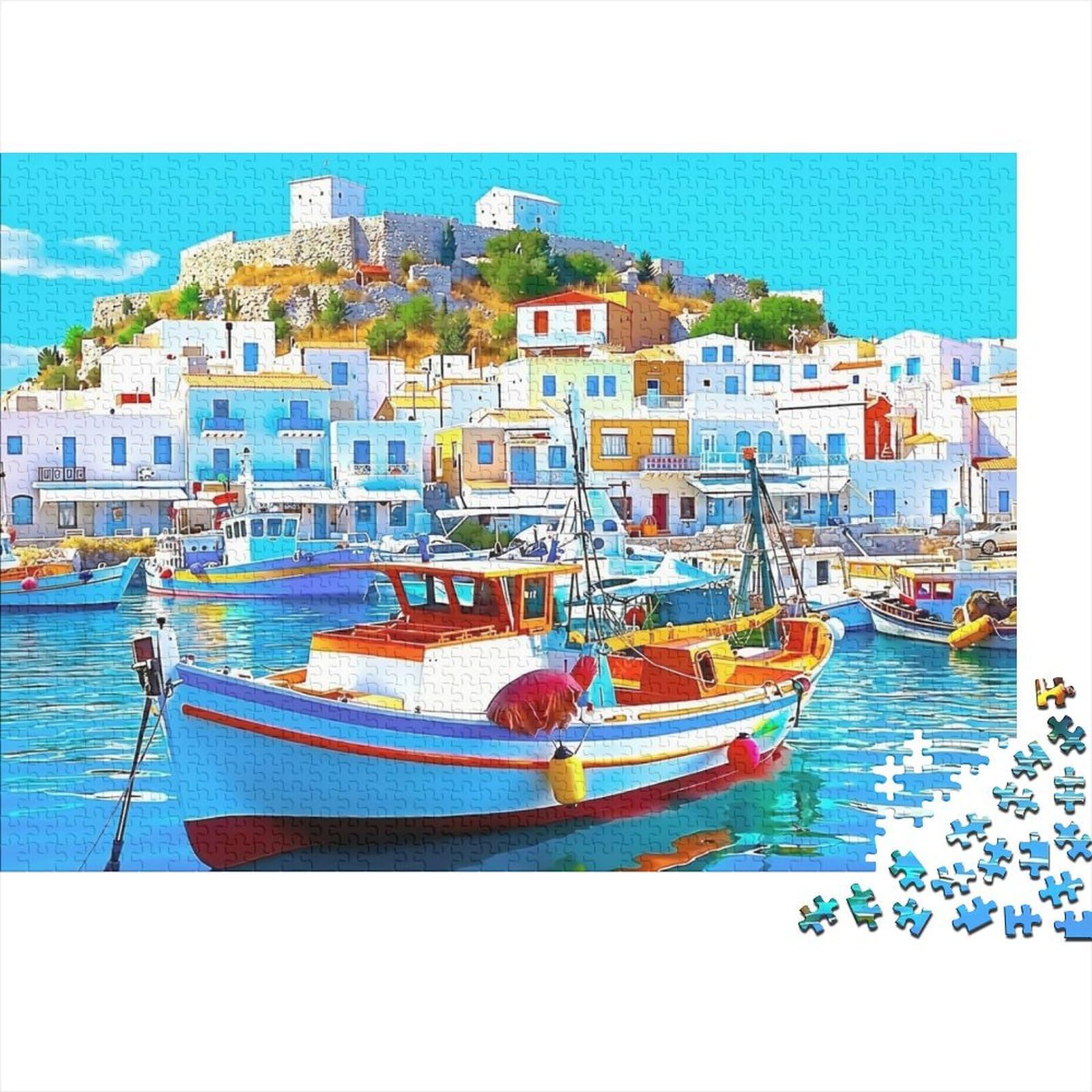 Greek Island Harbor 1000 Piece Jigsaw Puzzle paper for adults White Houses Puzzle Game for family focus and relaxation 70x50cm/1000pcs