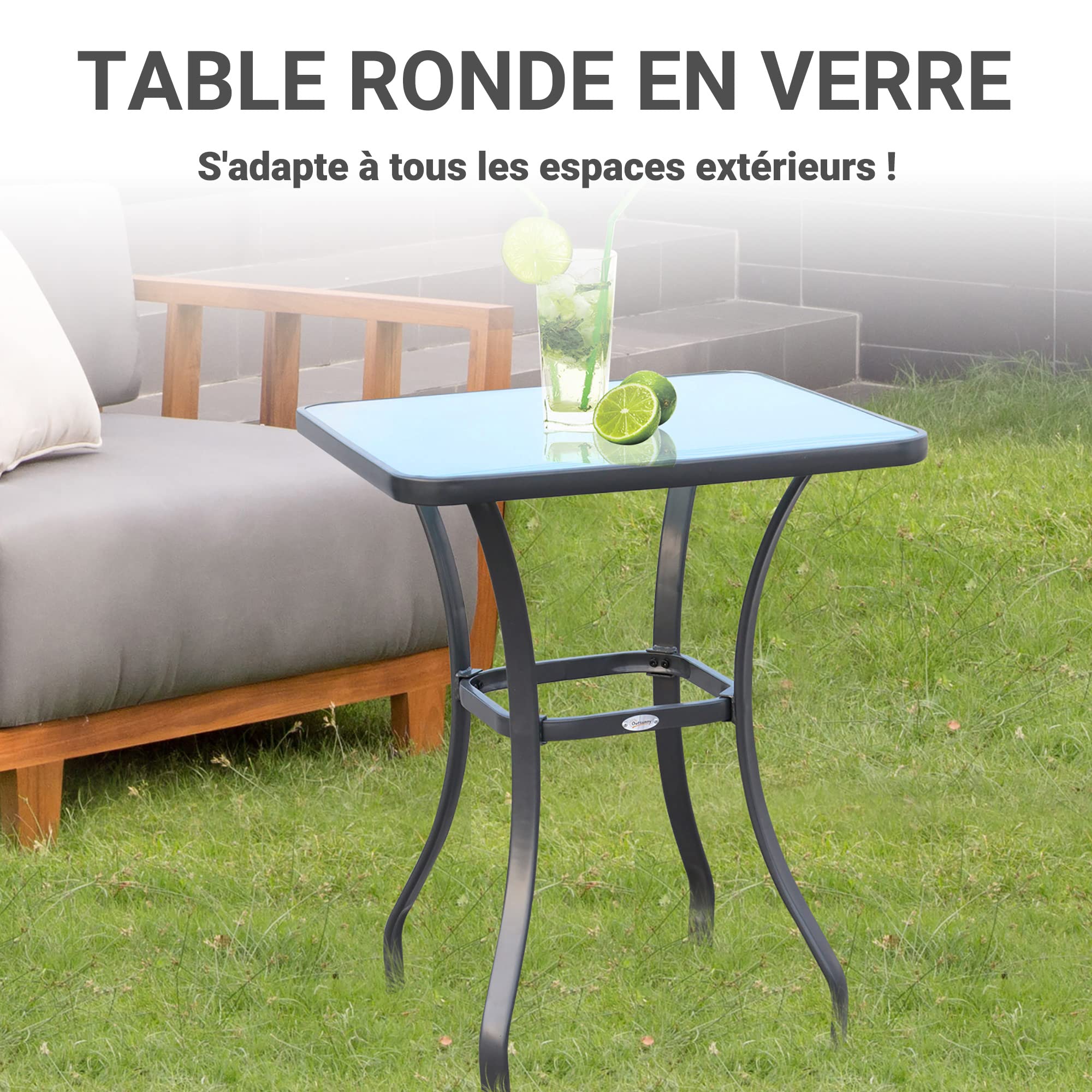 Outsunny Table Carrée Bistro de Jardin Dim. 68L x 68l x 84H cm Métal Gris | Époxy, Plateau Verre Trempé Granité