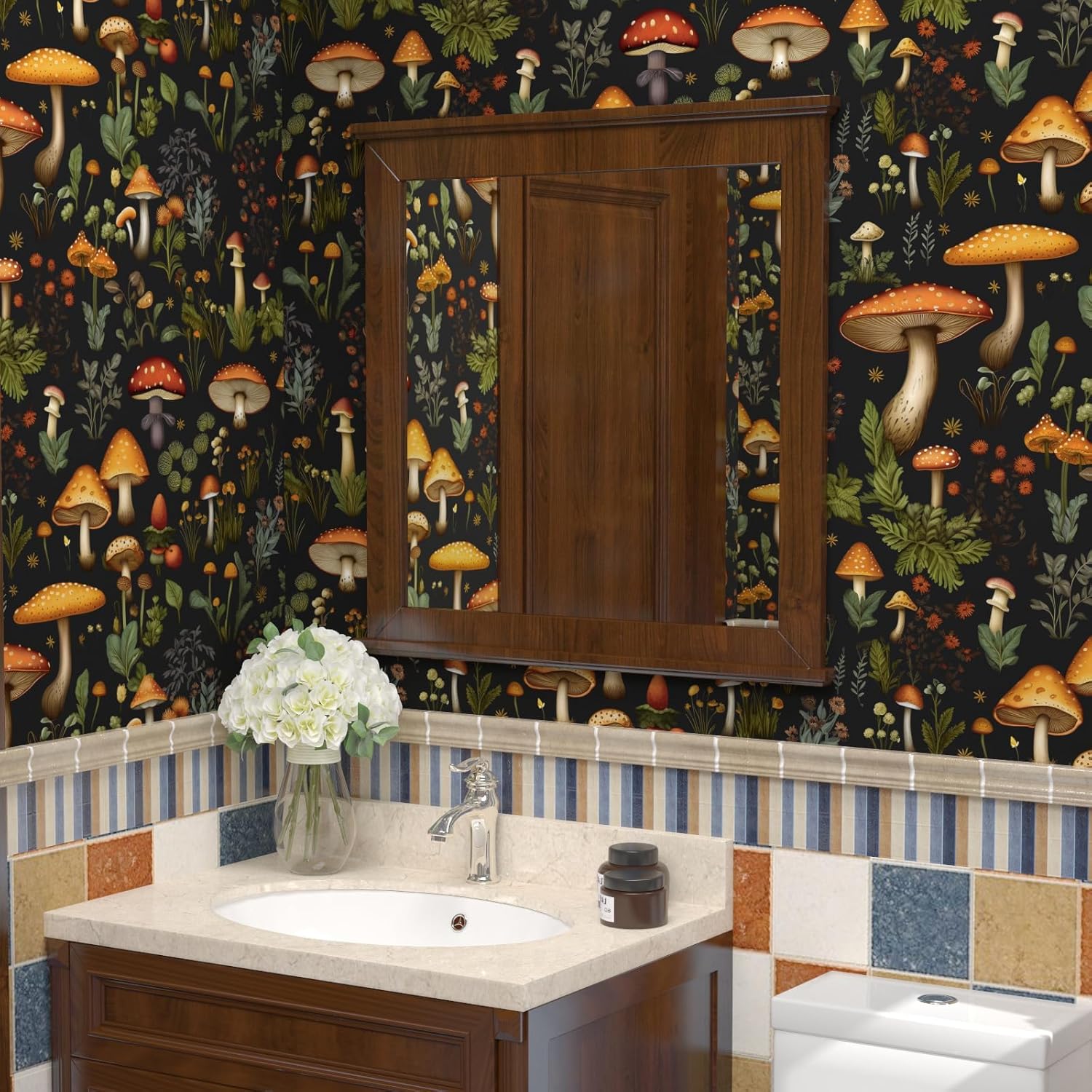 Laatse Mushrooms Wallpaper Peel and Stick Drak Floral Contact Paper Vintage Self Adhesive Wall Mural Boho Botanicl Wall Paper for Room Walls Stairs Countertop Decor 17.5in x 118in