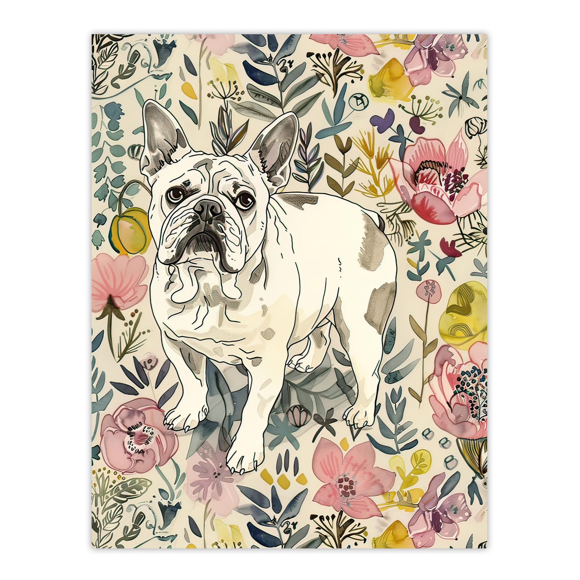 Artery8 French Bulldog Floral Portrait Wall Art Print - W18" x H24"