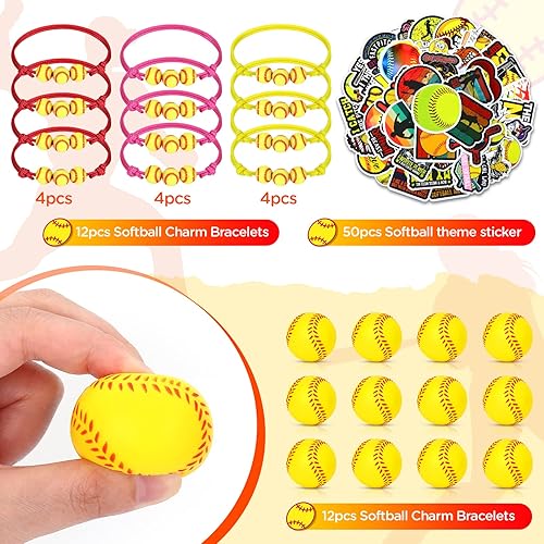 Miniatura 2 de 74 piezas de regalos de fiesta de sóftbol, pulseras con dijes de sóftbol, pelota de estrés y softbol, calcomanías de softbol, pulseras ajustables,