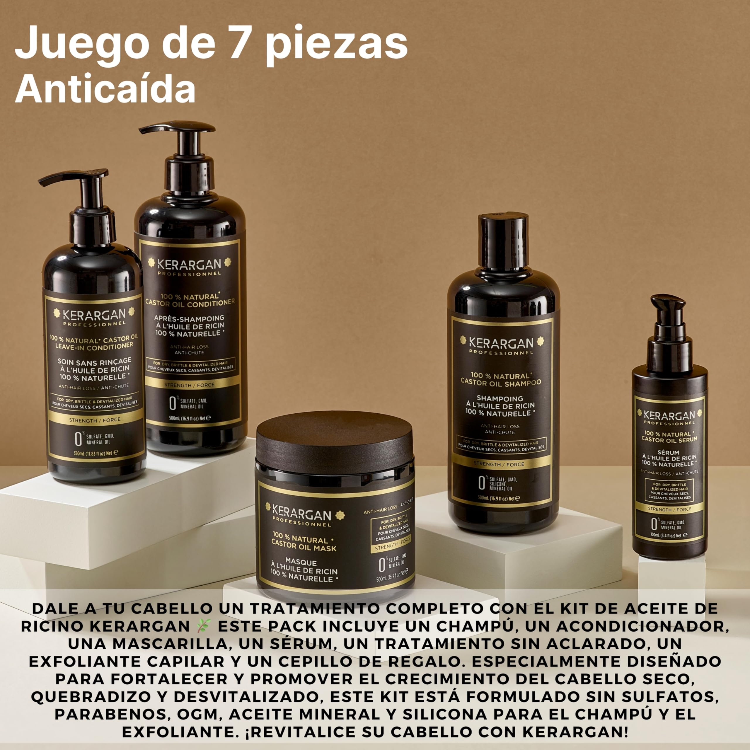 KERARGAN - Rutina de Ricino, 6 Productos - 3x500ml+100ml+350ml+250ml | Champú, acondicionador, mascarilla, sérum, cuidado sin aclarado y exfoliante, rutina completa