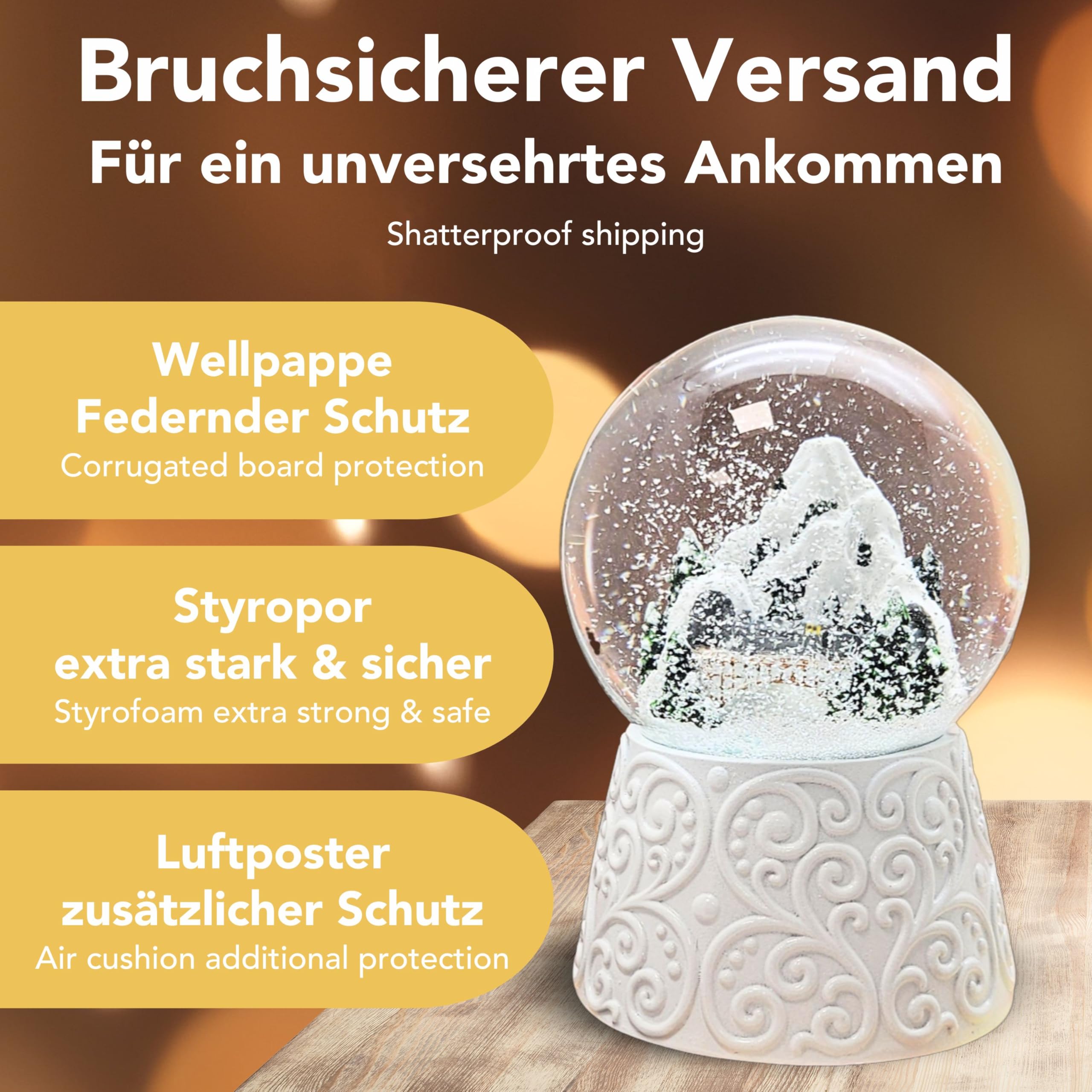 Schneekugel Weihnachten Spieluhr | Verschneite Berge mit Brücke | Sockel weiß mit Ornamenten | Höhe: 14cm Breite 10 cm | Weihnachtsdekoration| 20292