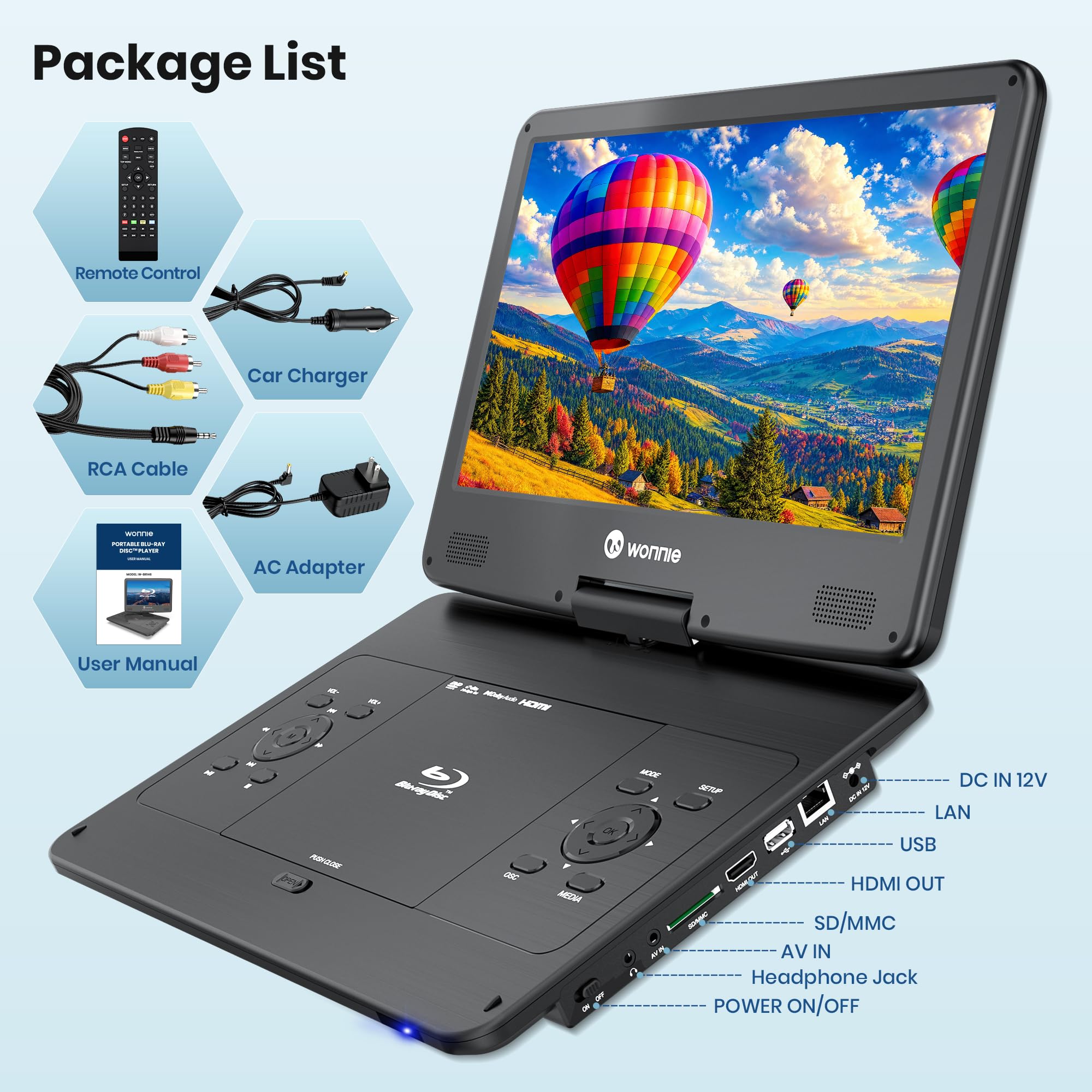 WONNIE Lettore Blu Ray portatile da 16,9 pollici con schermo girevole Full HD da 14,1 pollici 1080p, lettore DVD Blu-ray con uscita HDMI e ingresso AV, batteria ricaricabile 4-5 ore, supporto MP4