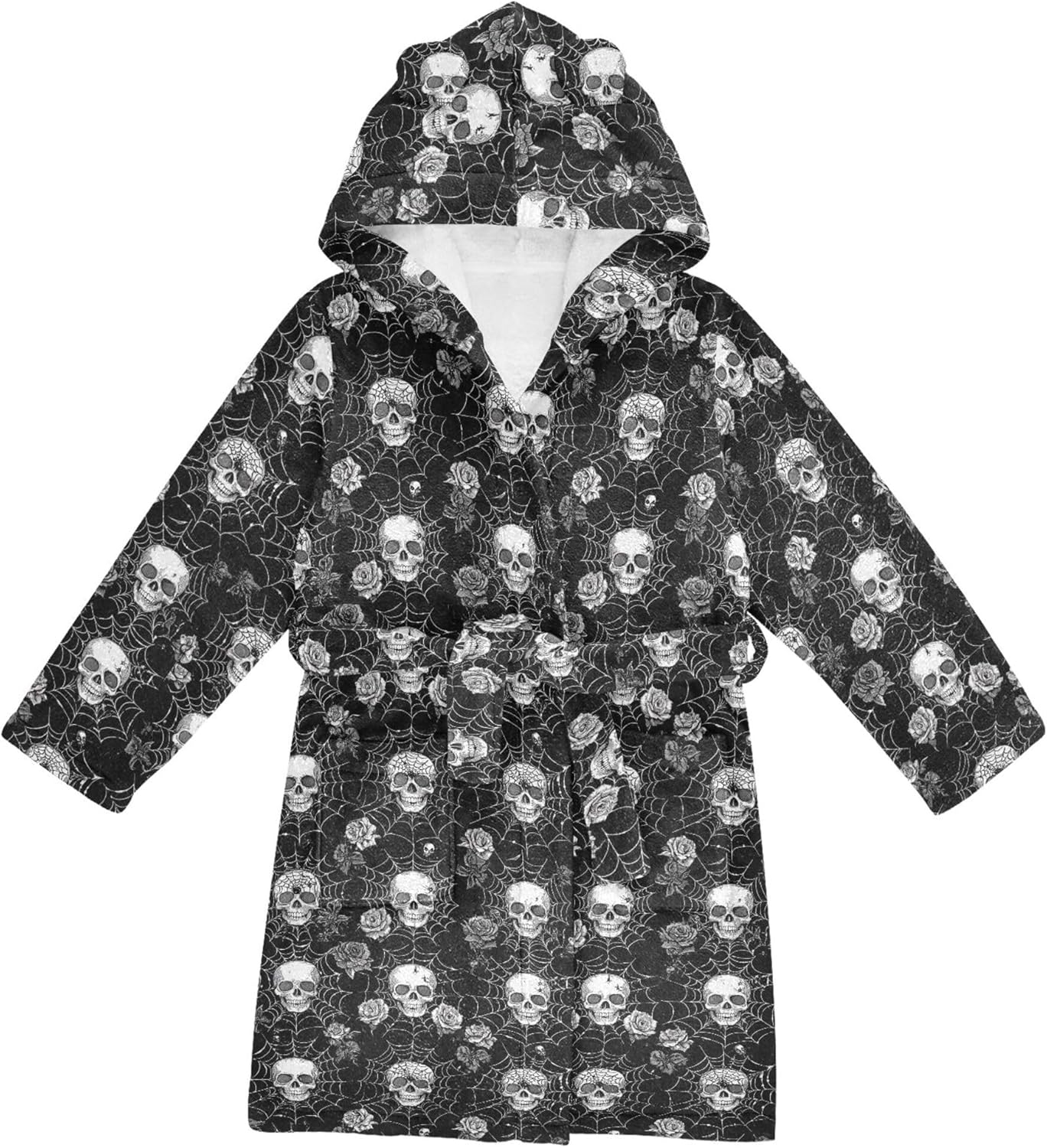 Skulls Spider Webs Bathrobe Hooded PJ Robe Plush Fleece Robe Pajama Sleepwear 2-12 Years
