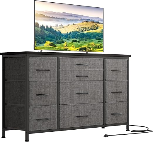 Jojoka Wide Dresser with 10 Large Drawers for 55'' Long TV Stand with Power Outlet Entertainment Center, Storage Fabric Drawer Unit for Bedroom, Closet, Entryway, Sturdy Metal Frame, Gray