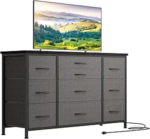 Jojoka Wide Dresser with 10 Large Drawers for 55'' Long TV Stand with Power Outlet Entertainment Center, Storage Fabric Drawer Unit for Bedroom, Closet, Entryway, Sturdy Metal Frame, Gray