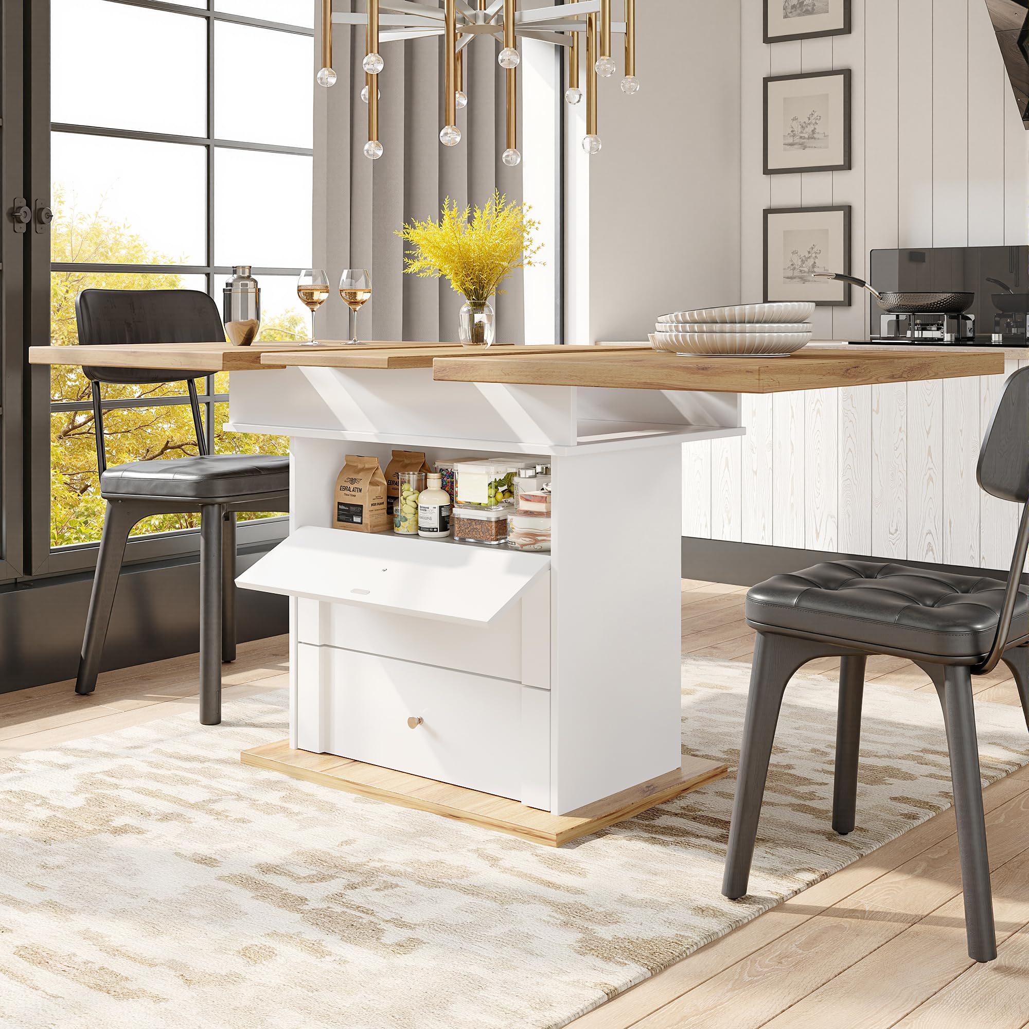 Merax Esstisch Ausziehbar, Esszimmertisch Küchentisch mit ausziehbare Tischplatte, Schubladen und Klapptüren, Säulentisch rechteckig, Teleskoptisch für 4-6 Personen, 110-140x80 cm, Holzoptik & Weiß