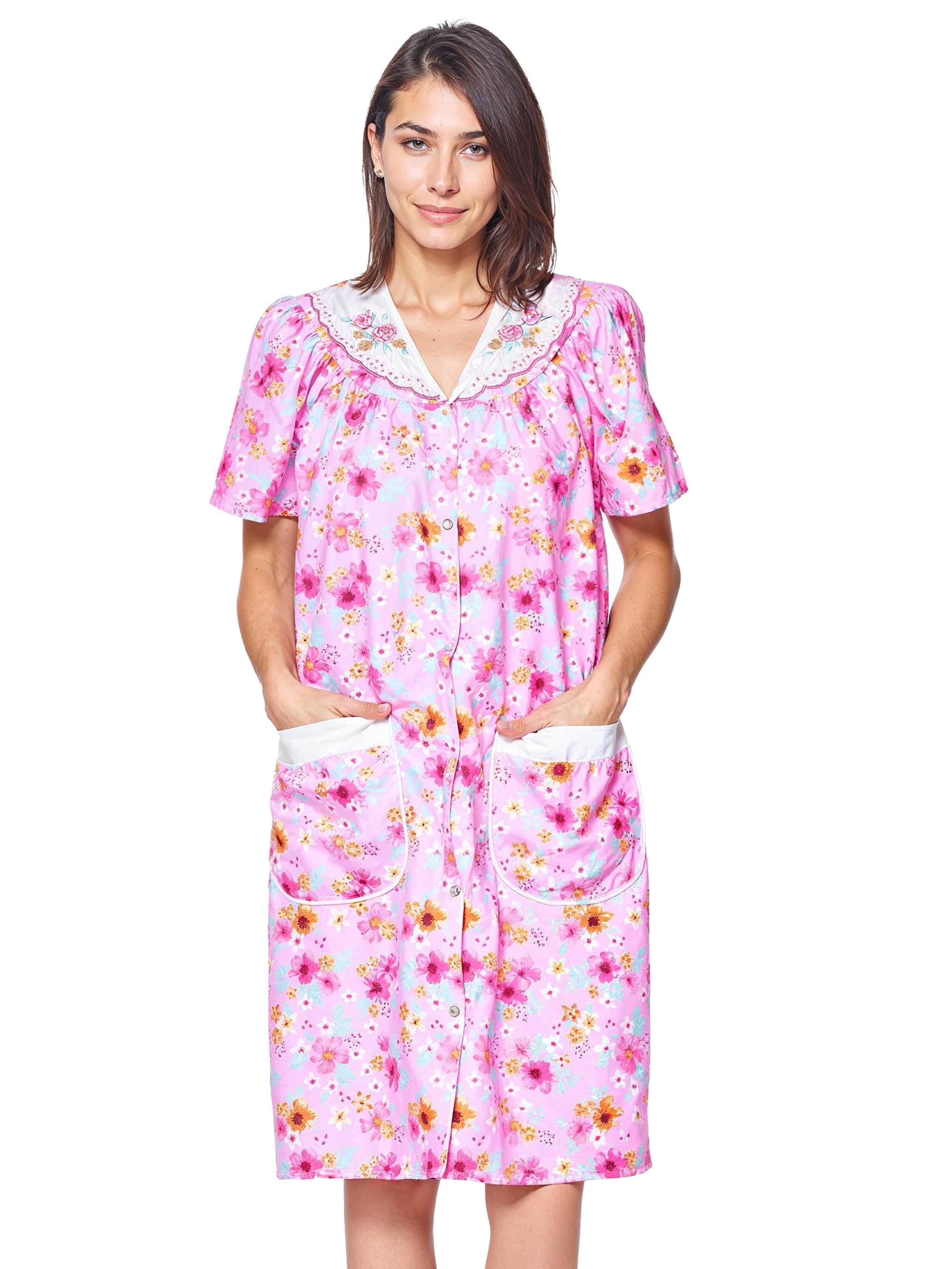 Casual Nights Women's Snap - Front House Dress Short Sleeve Woven Housecoat Duster Lounger Robe with Pockets