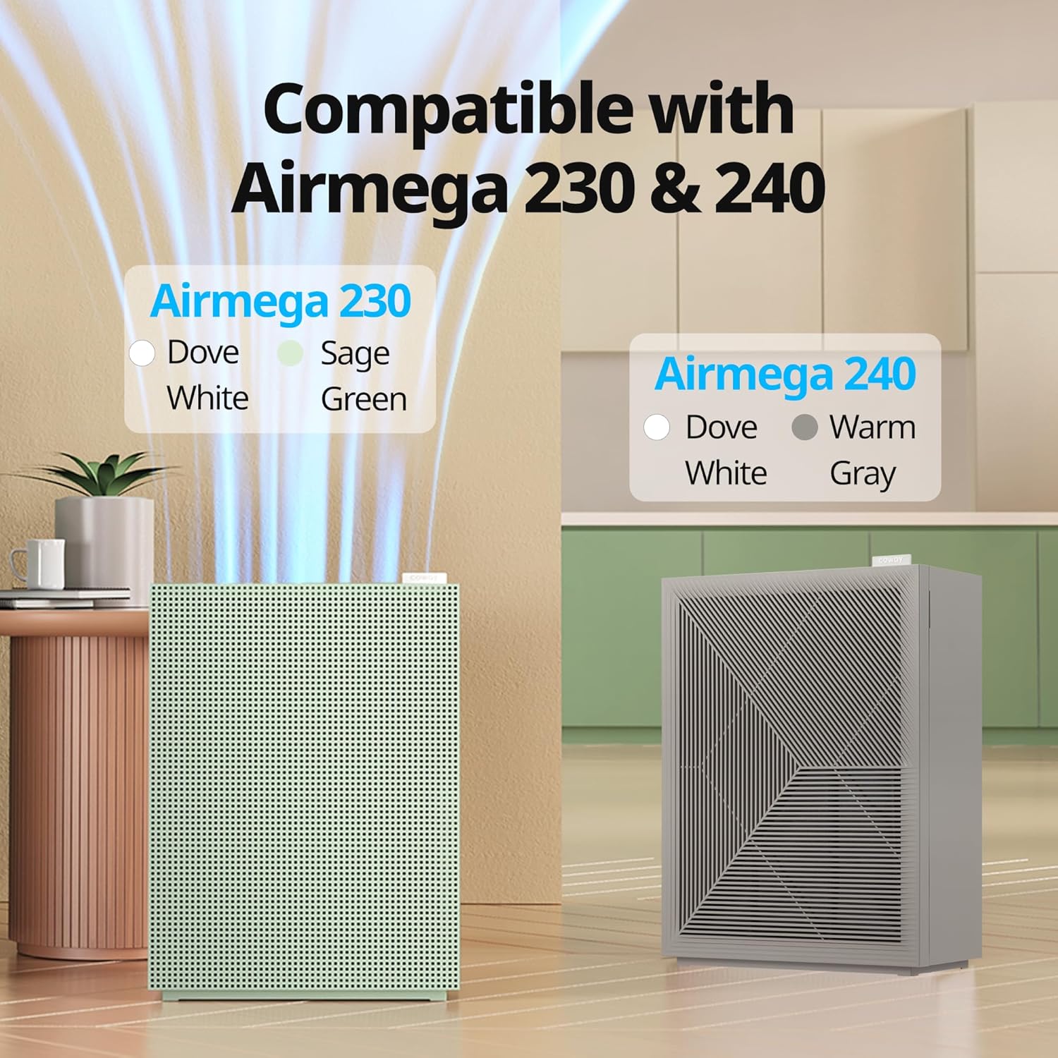 Two Coway Airmega air purifiers, one green Airmega 230 and one gray Airmega 240, with text indicating filter compatibility.