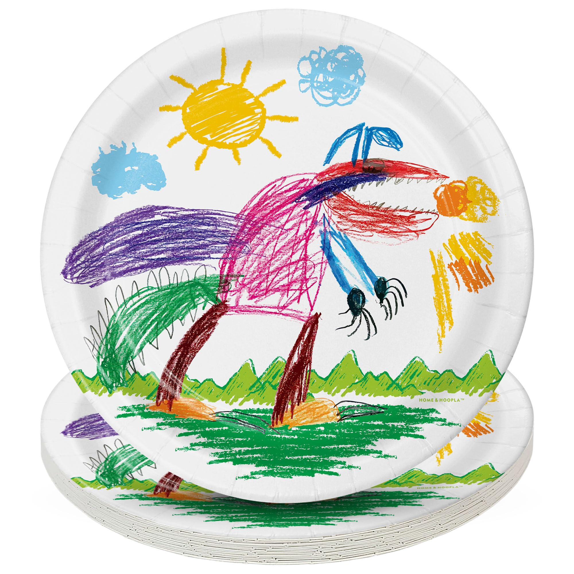 HOME & HOOPLA Dragon Doodles Round Paper Dessert Plates for 16 Guests - Colorful Dragon Cake and Dessert Plate Set