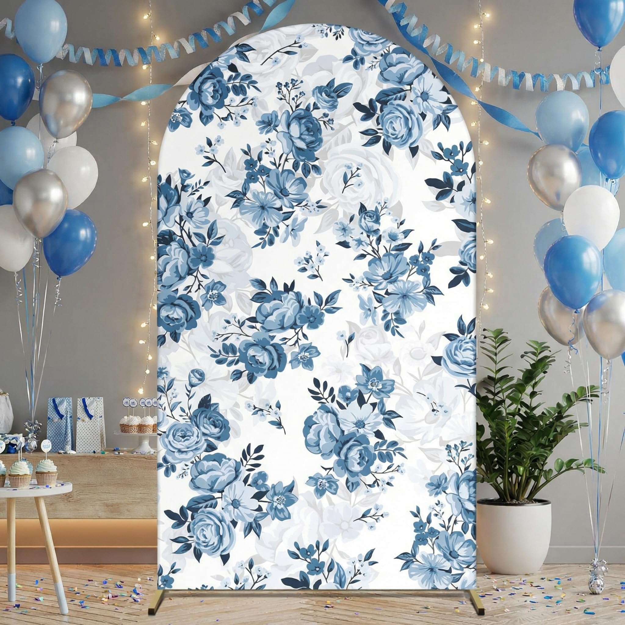 Photo 1 of Tingjoo Arch Backdrop for Baby Shower Mexican Talavera Wedding Party Stretchy Arch Stand Cover Double Side Banner Baptisms Birthday Decoration Props Only Cover(Blue Floral,3.3x6ft)