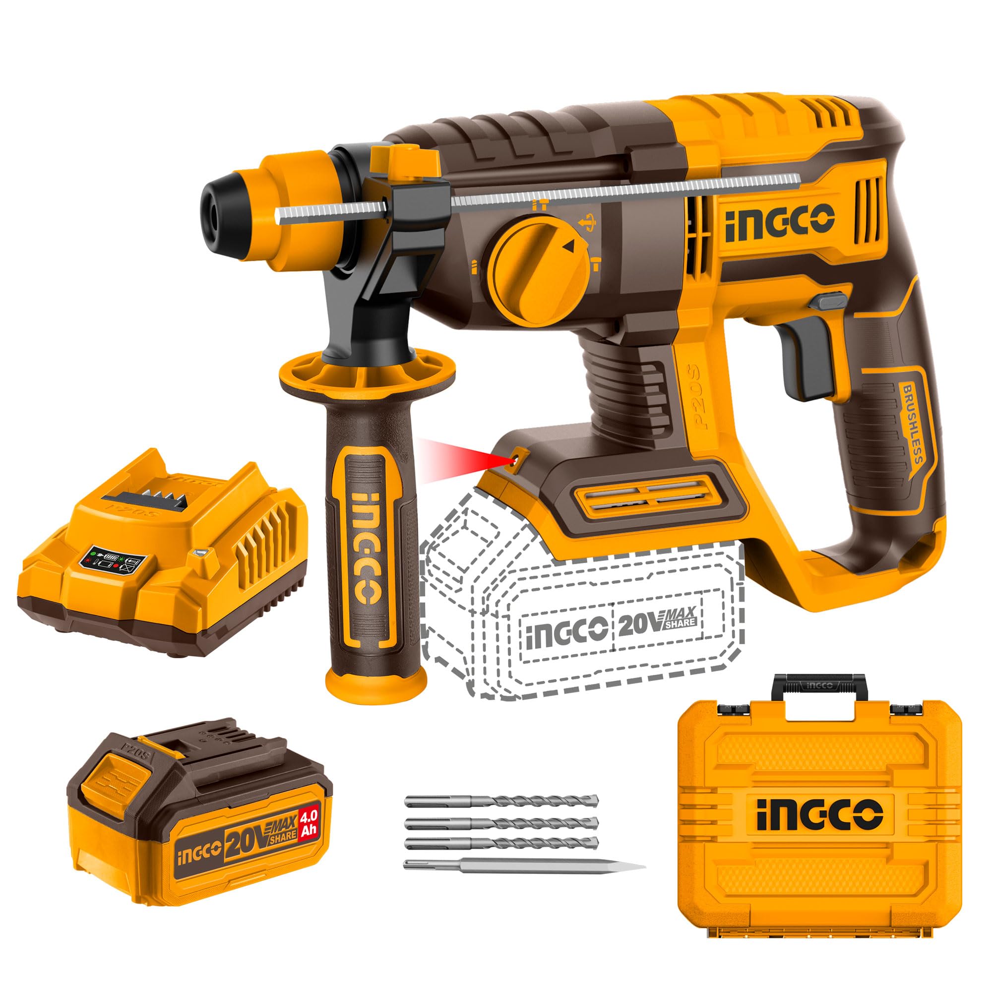 Cordless Hammer Drill Machine With Larger Battery And Charger, With Drill Bits And Chisel, Demolition Hammer, Sds Plus Chuck, Multicolor