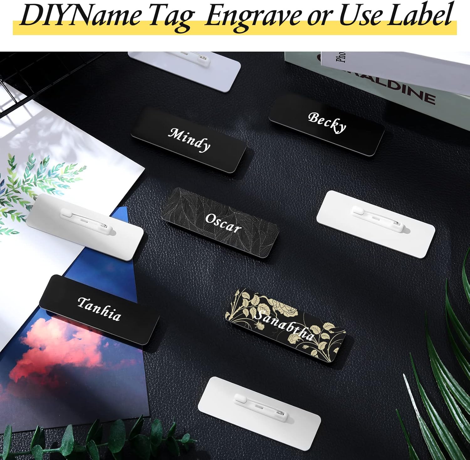 50 Pack Name Tag Blanks with Pin 1 x 3 Inch Plastic Name ID Badge Holders with Clips Round Corners Nametags Labels Printable Tags for DIY(Black, White)