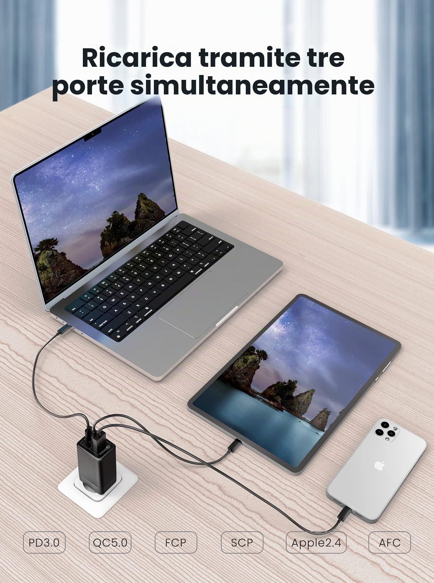 Caricatore USB C 70W 3 Porte PD3.0 GaN per MacBook Pro Dell XPS Google Pixel iPhone iPad Pro Samsung Galaxy