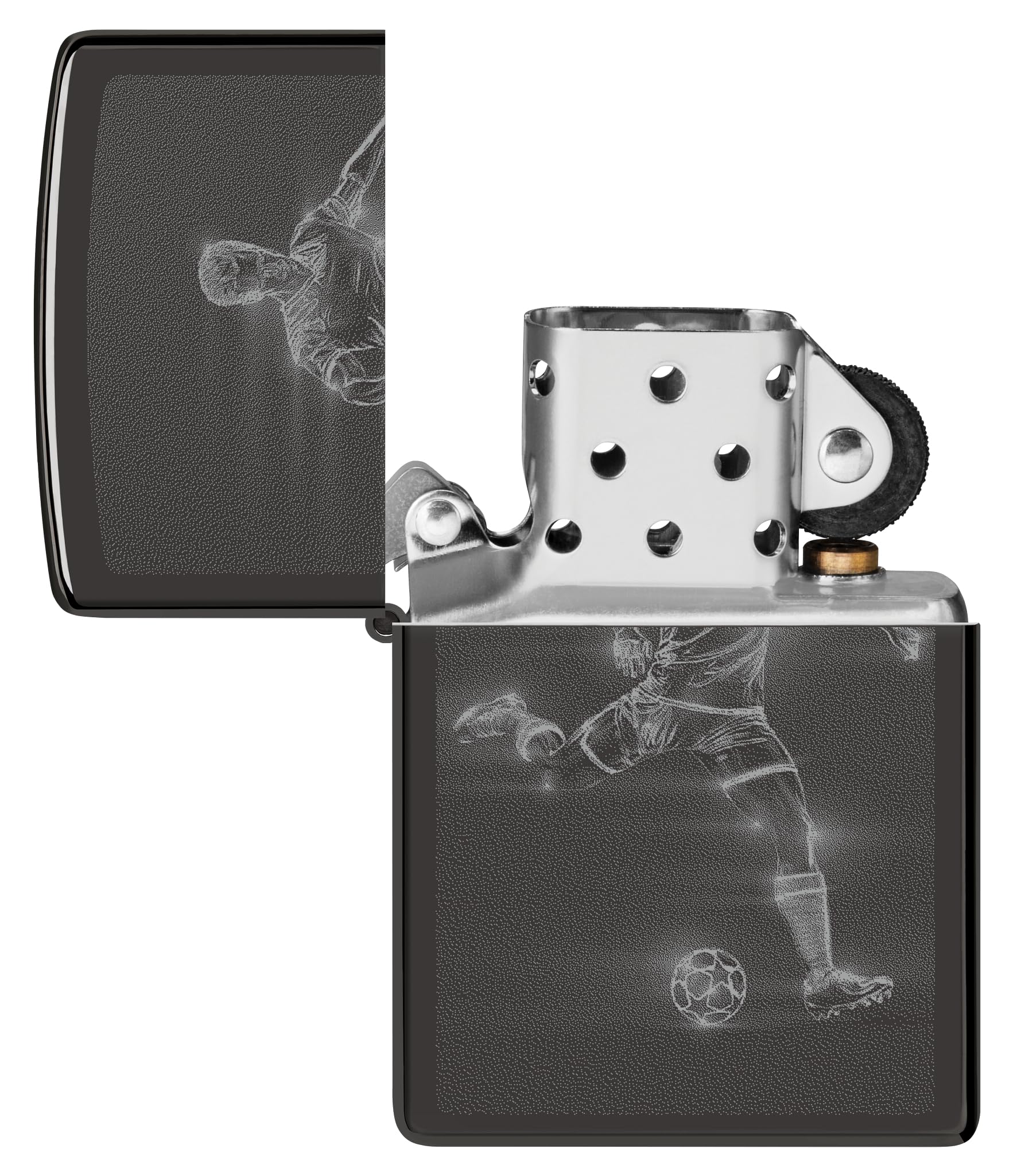 Zippo Encendedor a Prueba de Viento Recargable Reutilizable - Negro Alto Brillo - Diseño de Futbolista - Caja Regalo - Hecho en EE.UU.