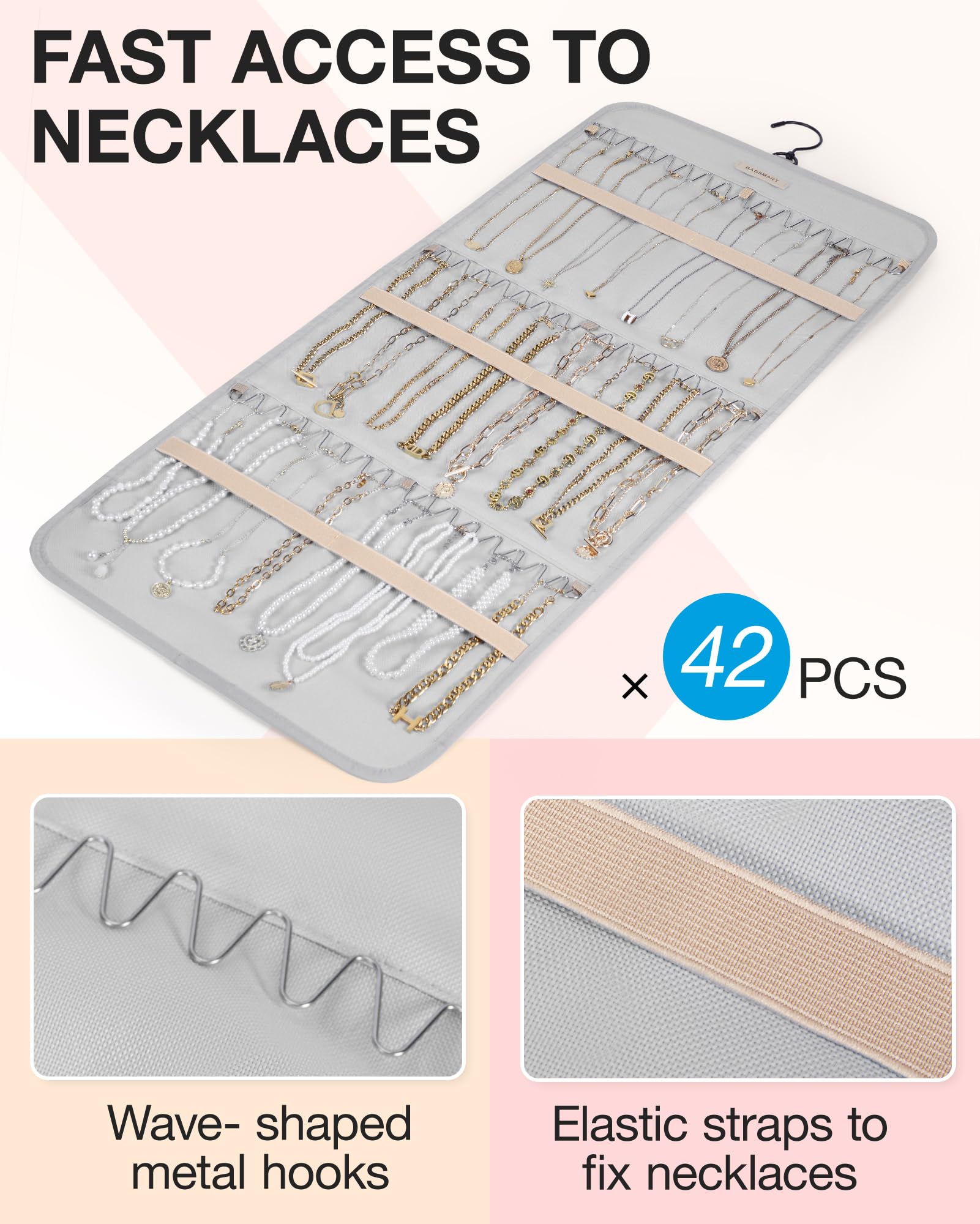 bagsmart Dual-sided Jewellry Organizer Hanging with Metal Hooks,40 Pockets and 3 Wave-Shaped Hooks,Jewelry Roll for Earrings,Necklaces,Rings on Closet,Wall,Door,1 Piece,Extra-Large,Grey - Image 2