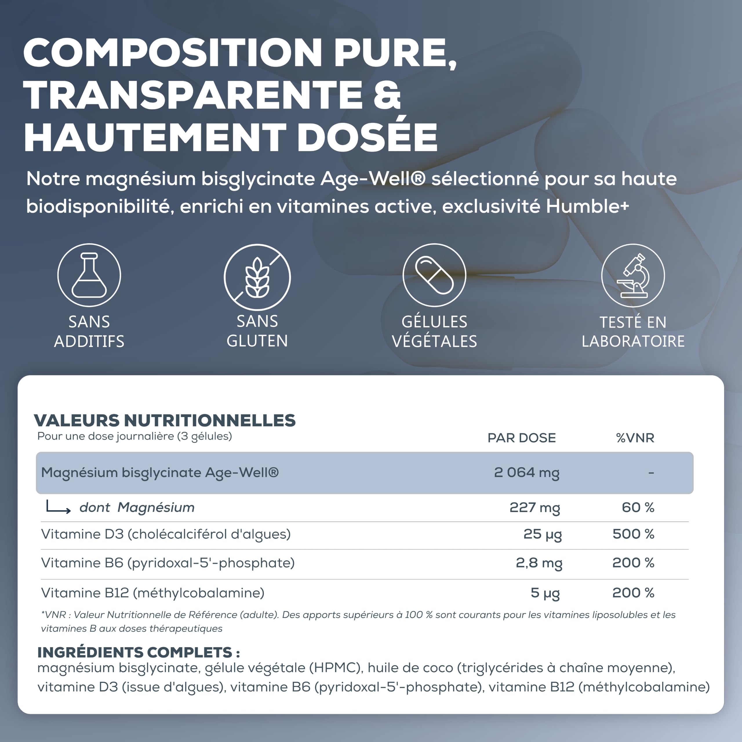 HUMBLE+ Magnésium Age-Well® - Magnésium Bisglycinate Pur Haute Biodisponibilité + Vitamines D3, B6 et B12 Actives - Réduction de la Fatigue et Système Nerveux - 90 Gélules - 1 Mois
