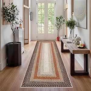 GAOMON Washable Runner Rug 2x10 Hallway Runners Braided Print Entryway Runners Non-Slip Kitchen Rug Runner Ultra-Thin Low Pile Farmhouse Floor Mat for Bedroom Bedside Laundry Boho Carpet Brown/Orange
