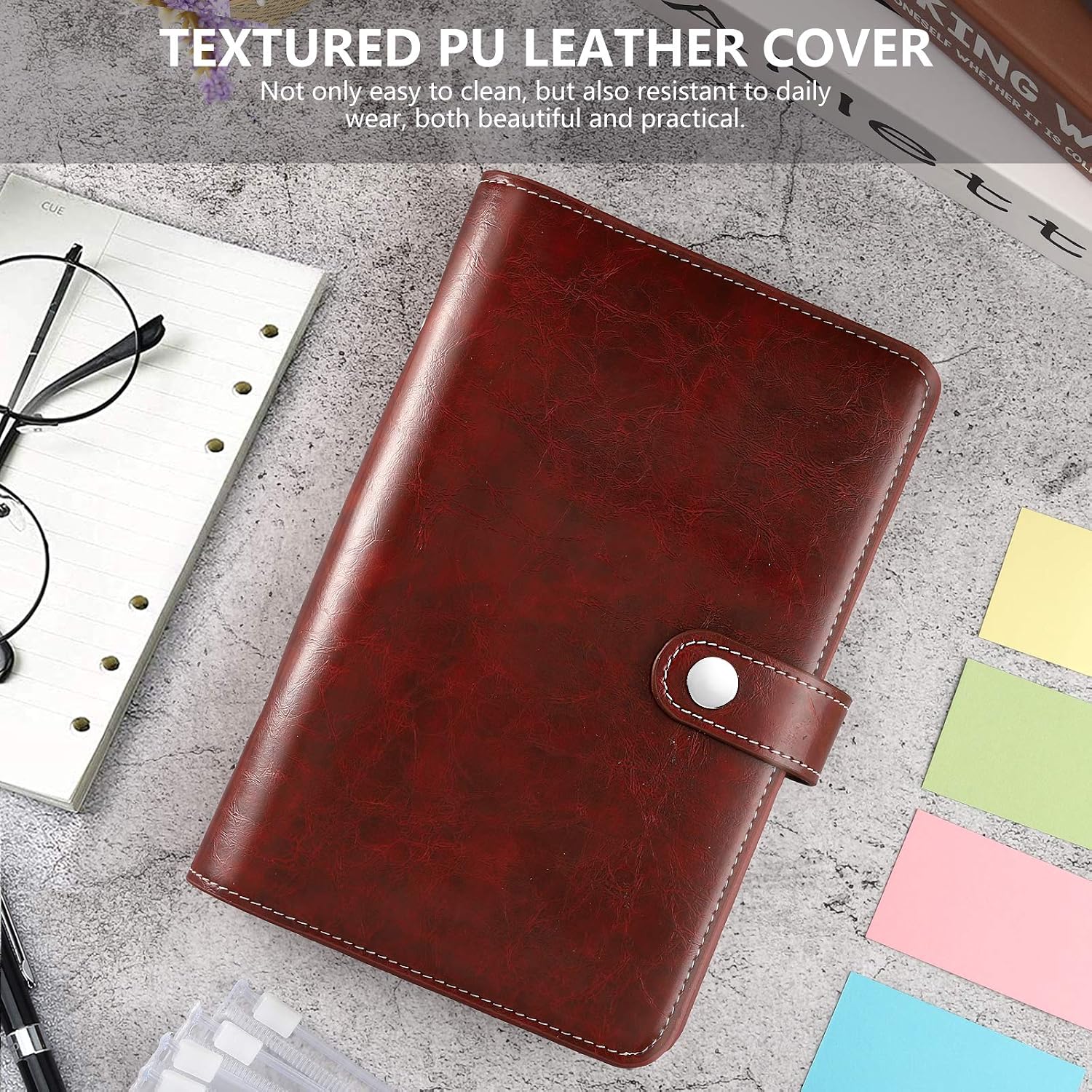 Housolution A6 Money Binder, Vintage PU Leather Budget Binder Refillable 6 Ring Binder, Money Orgnaizer with 12 PCS Label Pocket Cash Envelope Pockets & 12 Random Color Paperboards, Vintage Red
