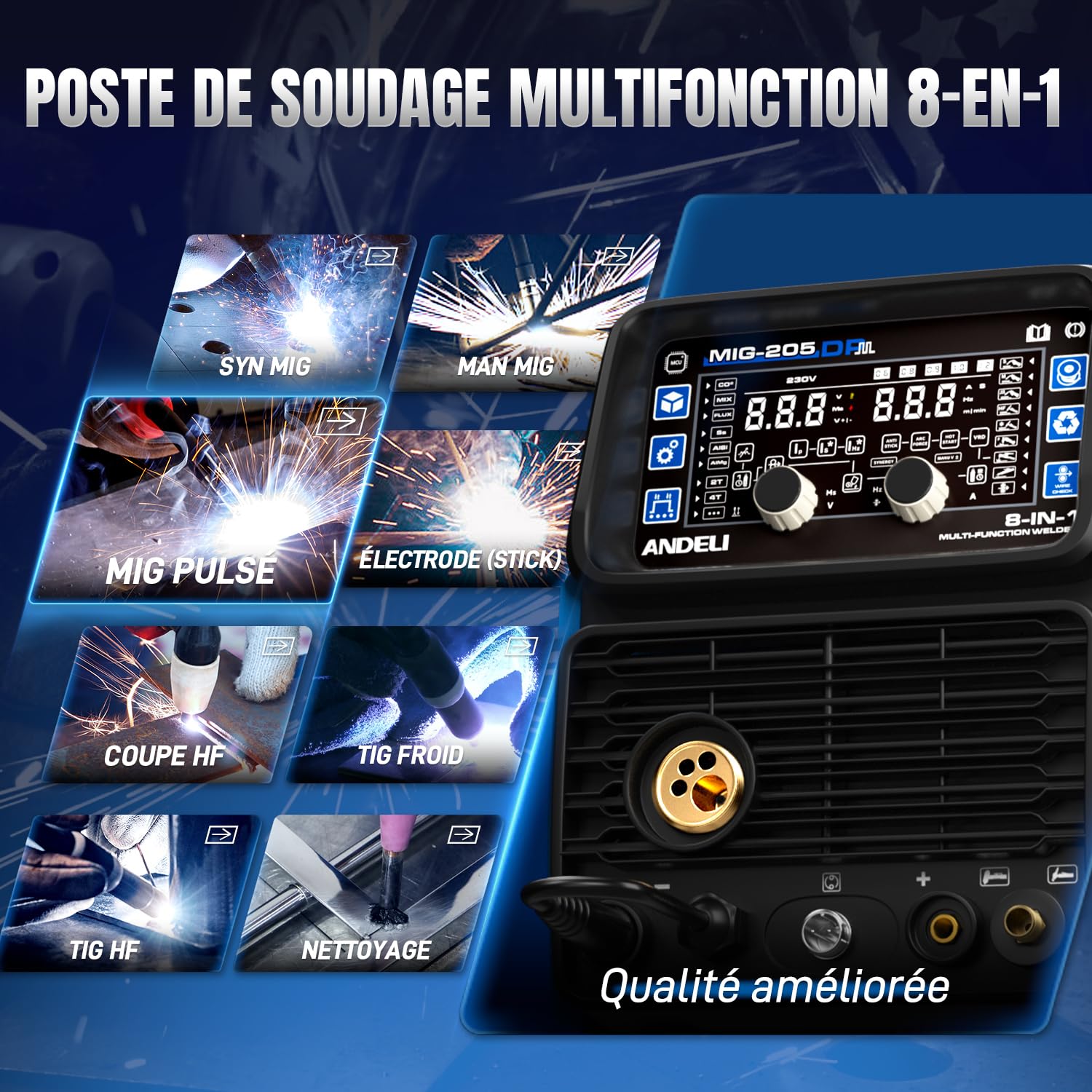 ANDELI 8-in-1 Saldatrice multifunzione 230V - 205A/50A MIG/TIG HF/Plasma | MIG-205DP, Pulsato/Gas/Filo/Pulizia/Freddo/MMA, IGBT, 2T/4T, per Alluminio/Acciaio/Inox, Plasma 50A, Memoria, display HD-LED
