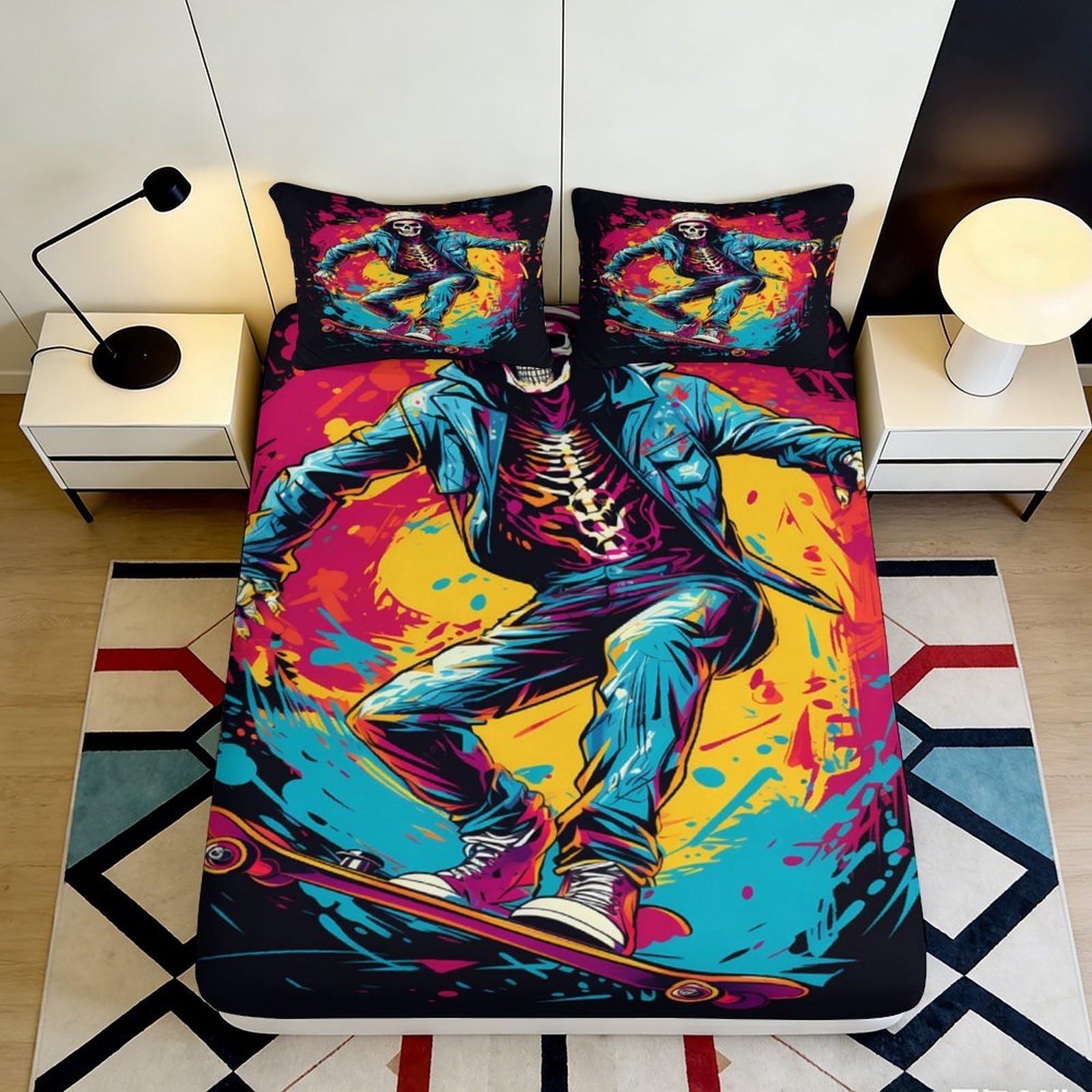3D Printed Skateboard Skeleton Fitted Sheet Microfiber Durable Vibrant Bed Cover for Youth Adult Bedroom Dormitory Protection Easy Care 120x200x25cm