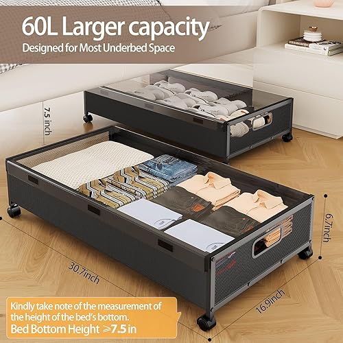 Miniatura 3 de KITHELP Almacenamiento debajo de la cama con ruedas, almacenamiento de zapatos debajo de la cama, cajones de almacenamiento debajo de la cama con