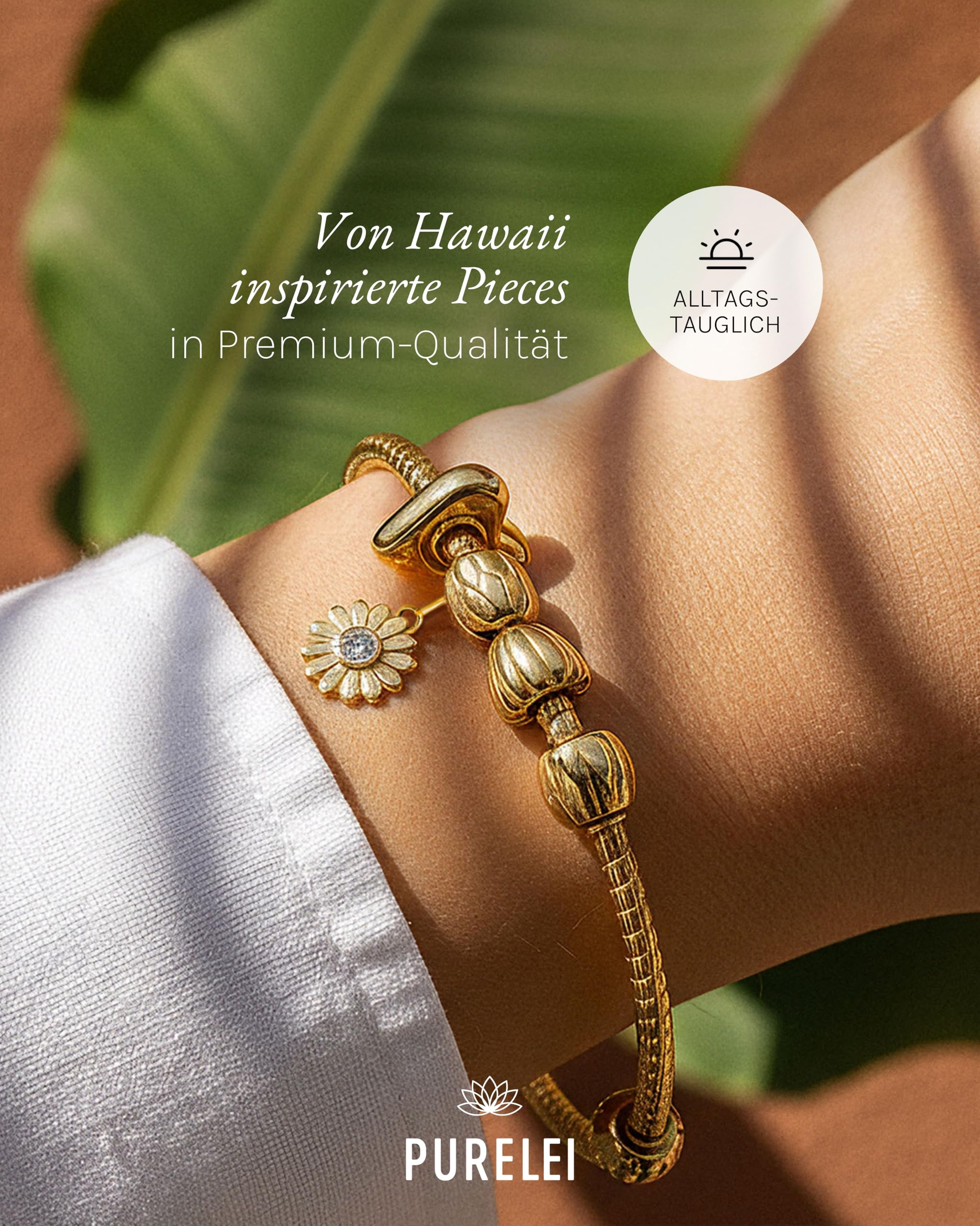 Purelei LEI Charm Armreif Damen S/M, wasserfestes Armband aus Edelstahl 14K vergoldet, Schmuckstück zum Kombinieren mit Stopper, Herz, Sonnenblume und Perle