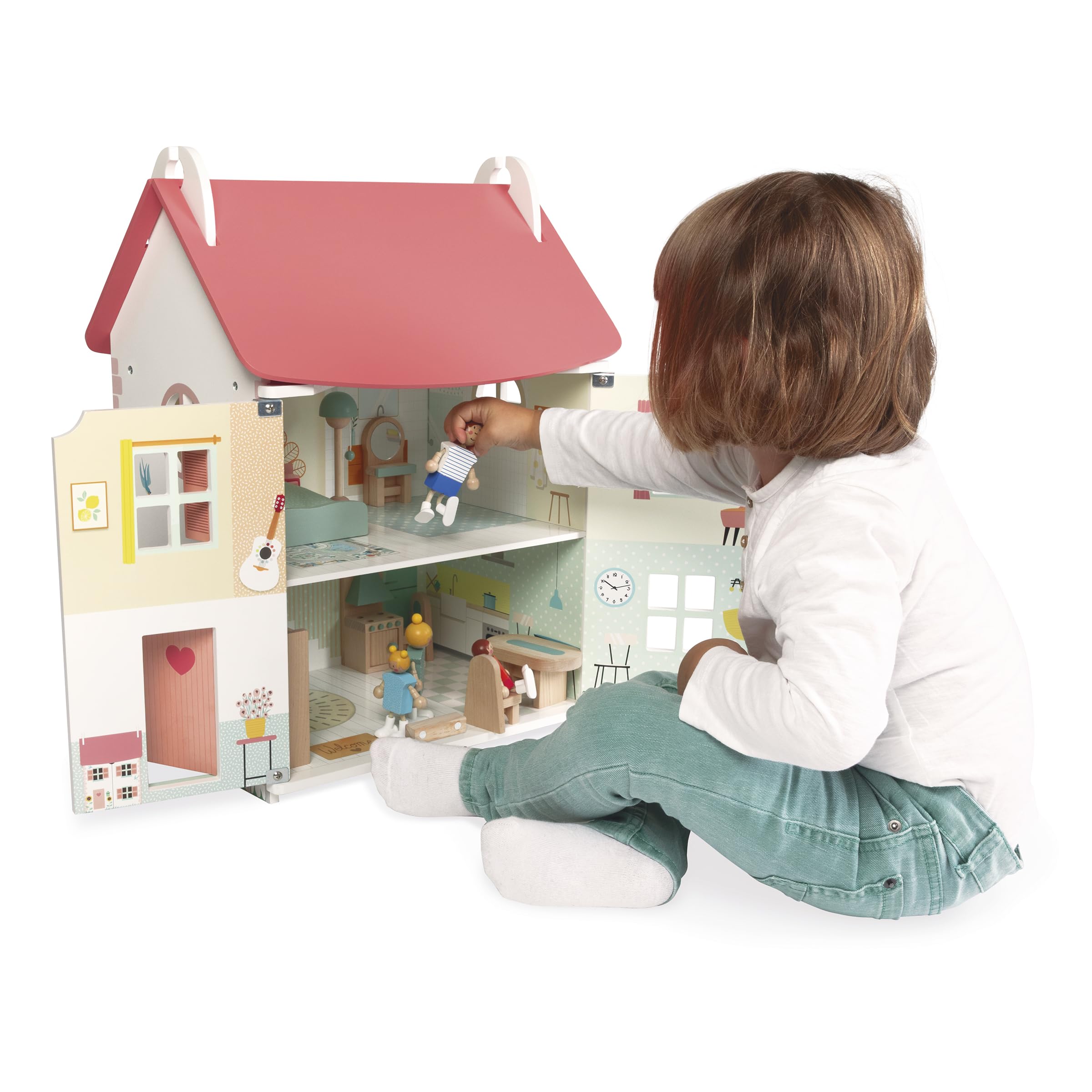Janod - La mia Prima casa delle Bambole in Legno - 10 Accessori - Mobili per Bambole - Porte magnetiche e Tetto Rimovibile - Giocattolo in Legno FSC - dai 3 Anni