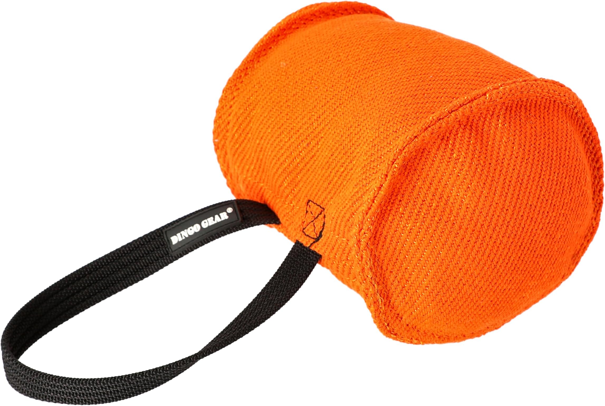 DINGO GEAR Berta Tug Toy in a Barrel Shape for Bite Training, K9, IGP, Fetch, Obedience, Dog Sports, Hand Sewn Strong Stitching French Material Bite Tug 1 Handle, Orange (S00096)