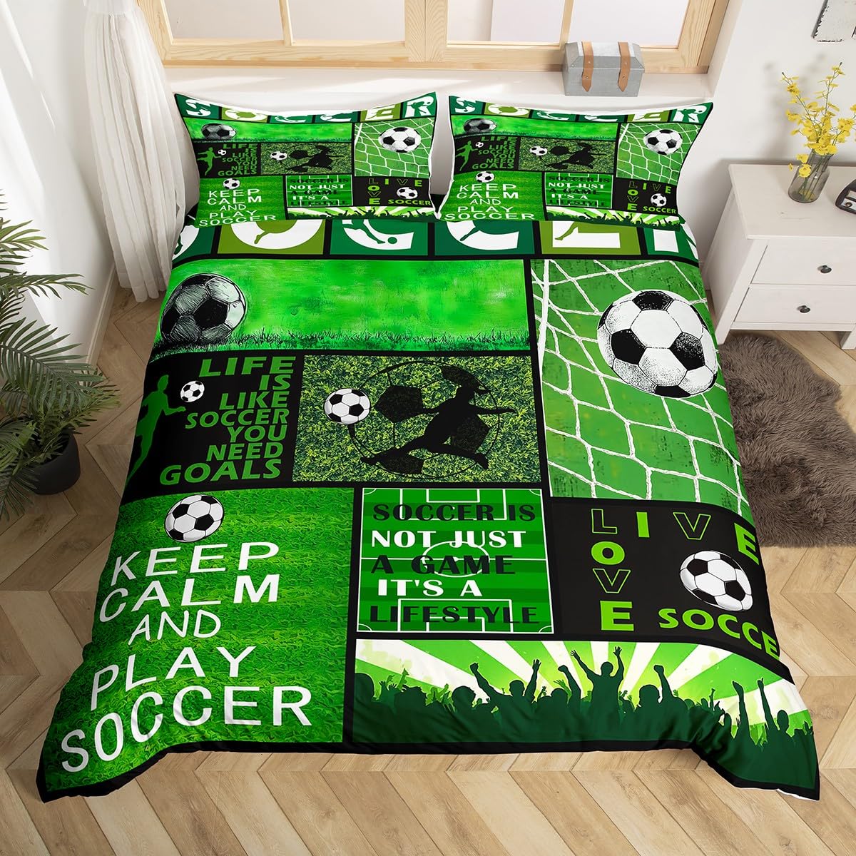 Loussiesd Children'S Football Duvet Cover Super King Green Youth Sports Theme Bedding Football Stadium Goal Printed Boys' Football Bedding Set Soft Microfiber — image 1