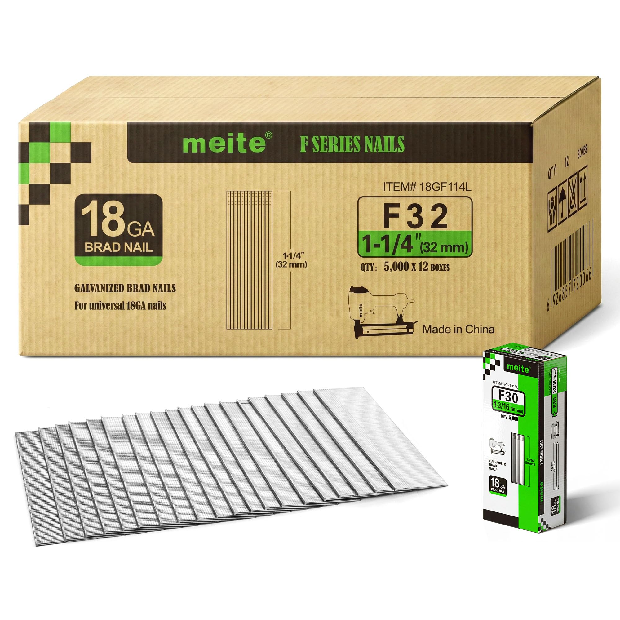 meite 18 Gauge Brad Nails, 32 mm 18G Brad Nails for Nail Gun, Galvanised Small Finishing Nails for Pneumatic, Electric 18GA Brad Nailer Gun (1 Case - 12 Boxes)