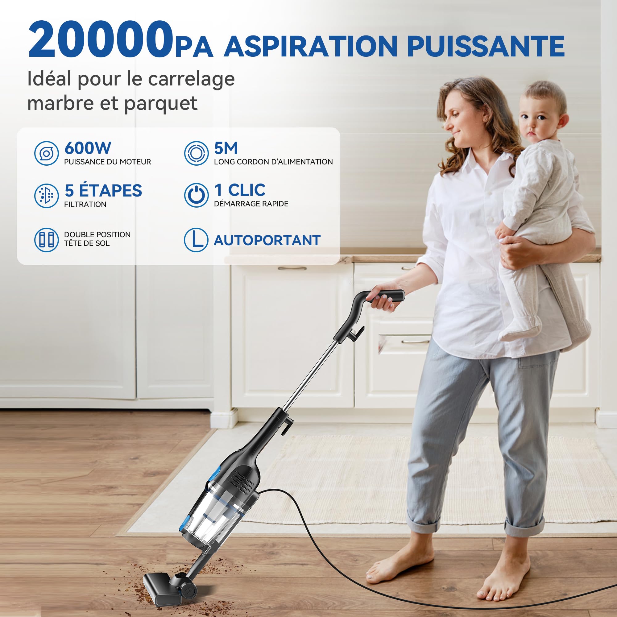 Aspirapolvere scopa cablato, aspirapolvere scopa con filo potente, 3 in 1, aspirapolvere verticale, 600 W 20000 Pa, aspirapolvere senza sacchetto con cavo lungo, leggero portatile per peli di animali