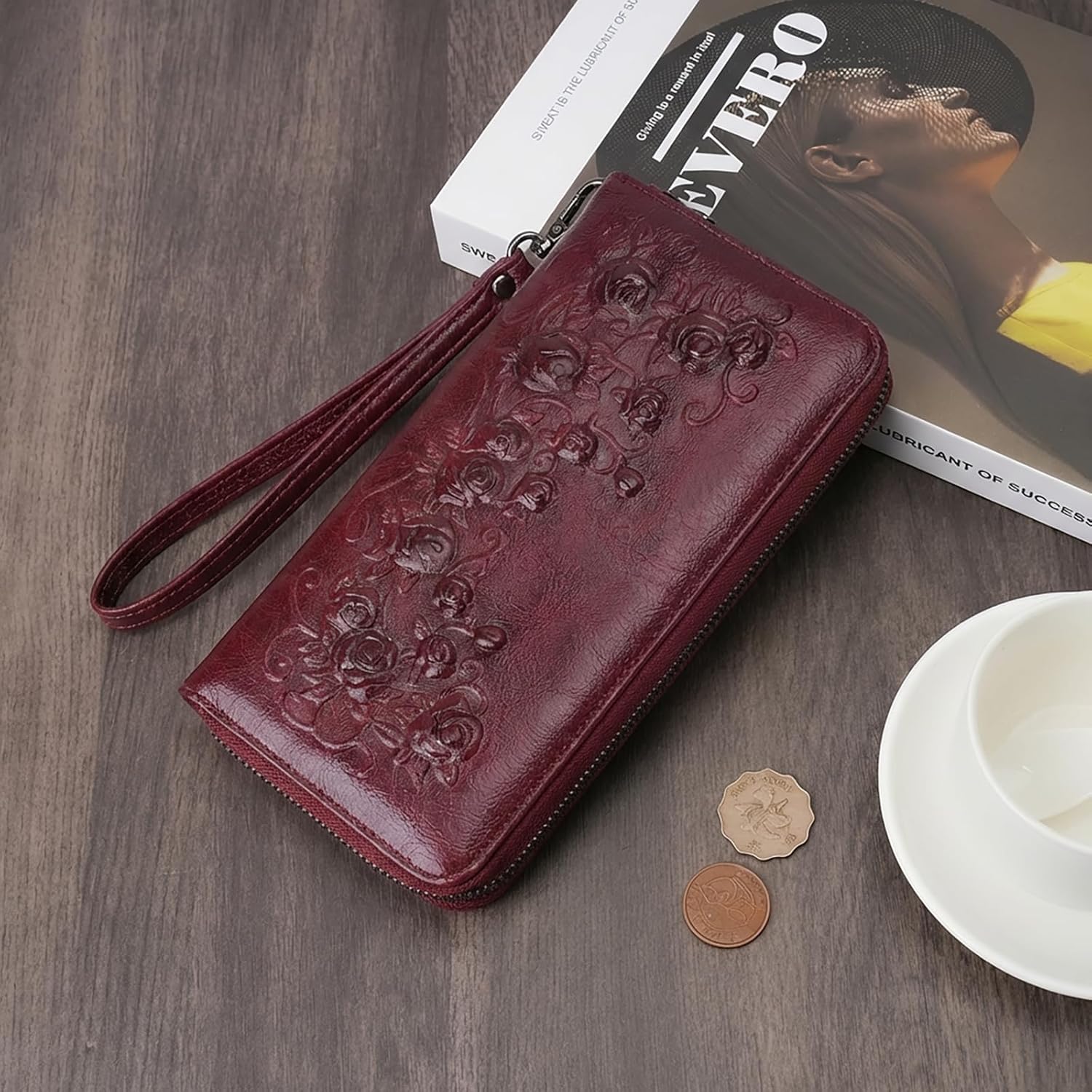 MEITRUE Womens Wallet Large Capacity Phone Clutch Purse RFID Floral Embossed Vegan Leather Travel Wallet with Wristlet Red