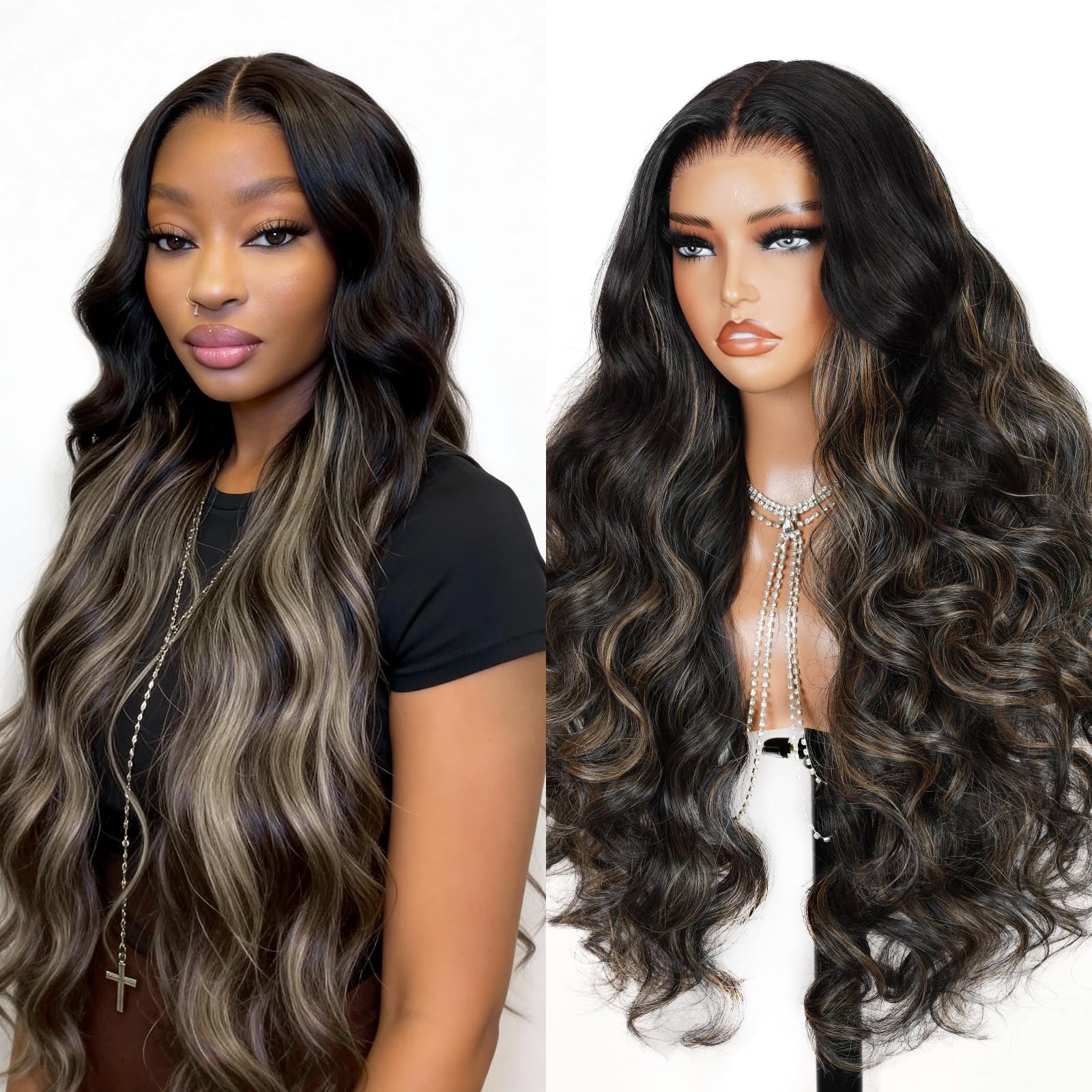 TESLAL Balayage Wear and Go Glueless Wig Pre Cut HD Lace 6X6 Lace Wig 20 Inch 260% Density 1B/27 Highlight Body Wave Human Hair Blend Premium Fiber
