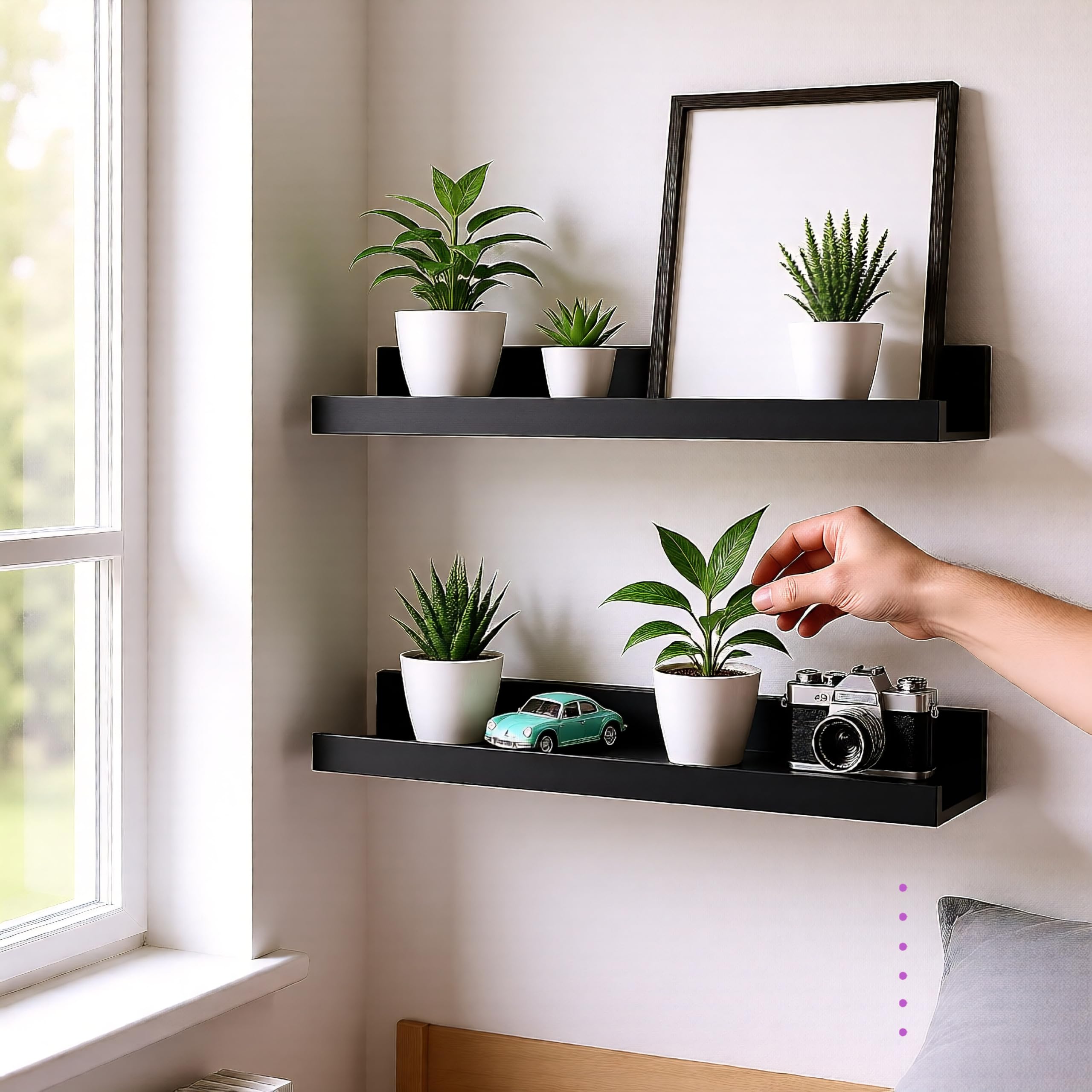 GEEZY Black Floating Shelves for Wall, Set of 2 - Modern Seamless Mounting, Easy Install Picture Ledge Display Shelf for Decor, Collectibles - Home, Bedroom, Bathroom, Office, 45x10x5cm