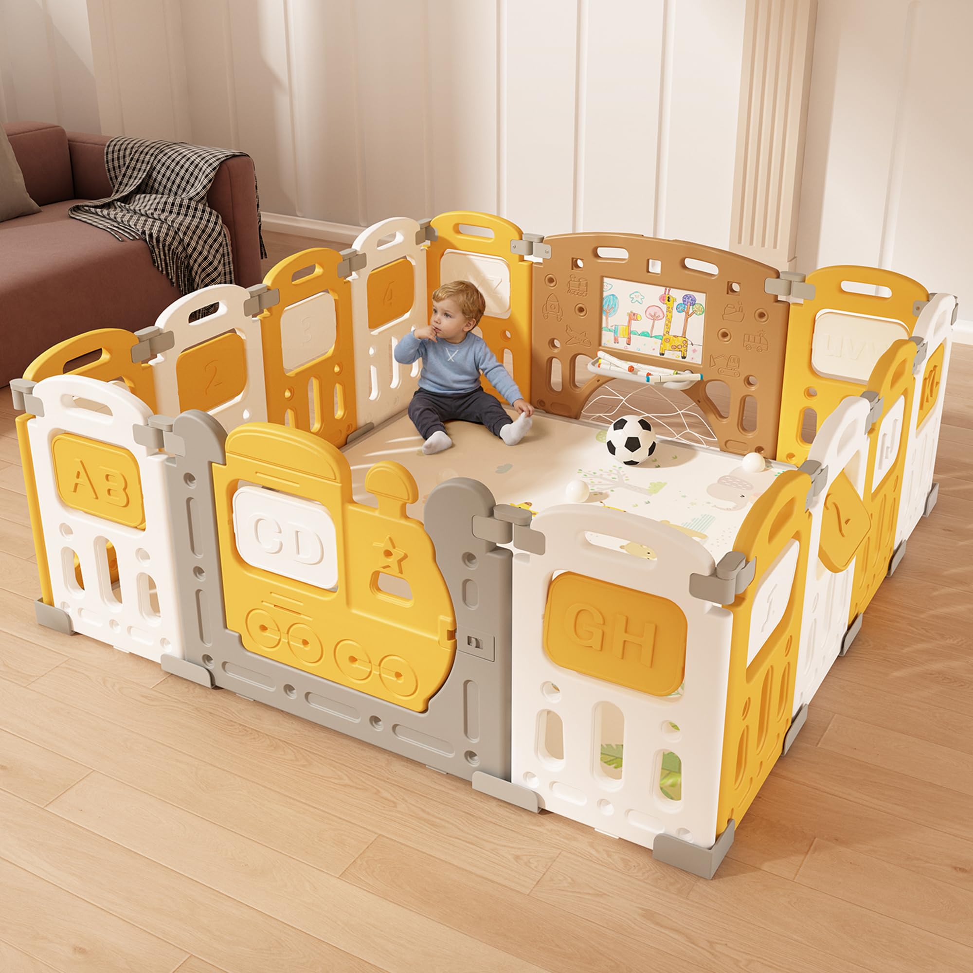 Dawnwake Assembly-Free 14 Panel Playard, Baby Playpen Fence with Crawling Mat and Football for Baby Upto 8 Years with Safety Locking Door & Drawing Board (150x150cm, Foldable) -Yellow
