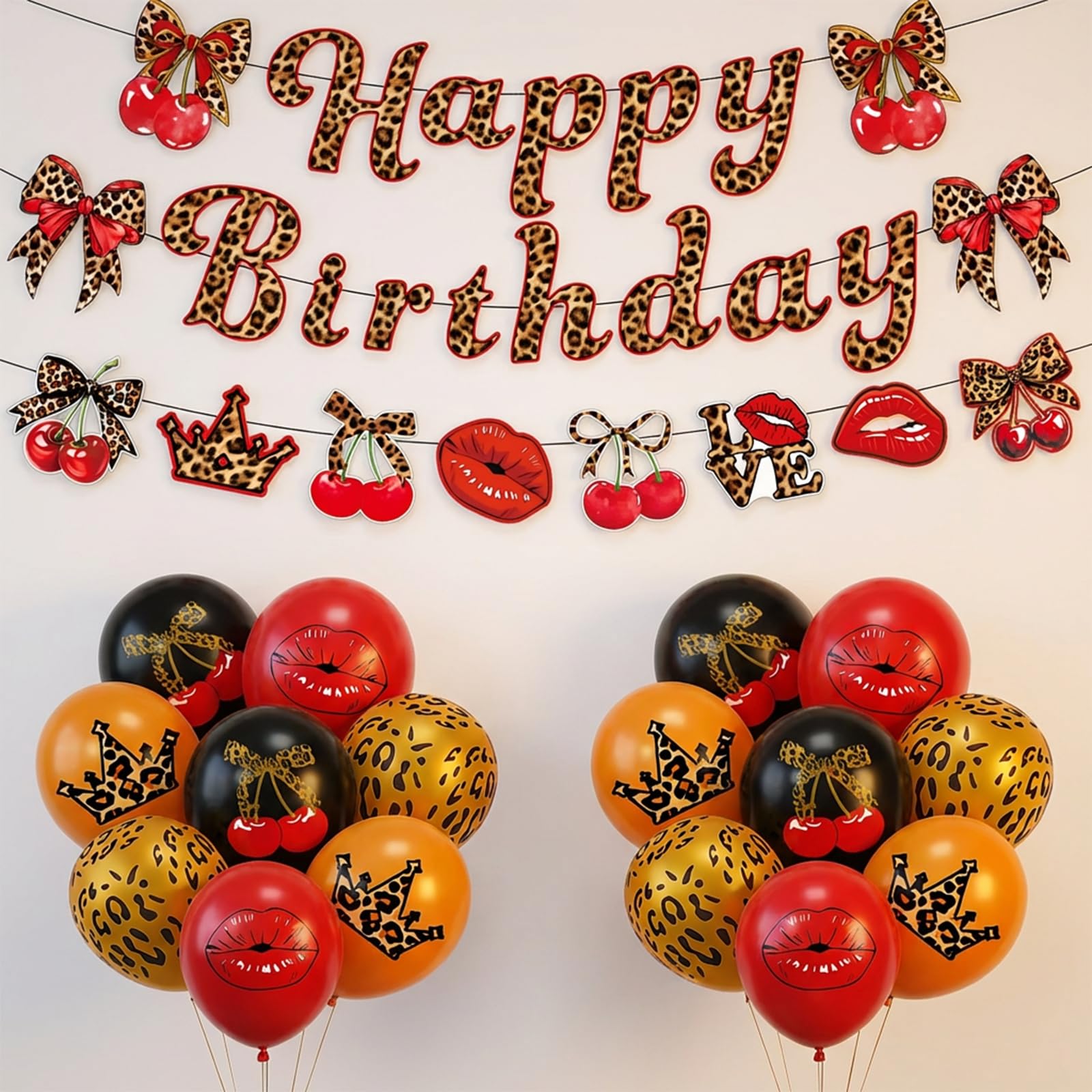 Leopard Print Balloons and Banner Set - 16 Count Latex Balloons with Cherry Lips Design - Affordable Party Decorations for Birthday, Bachelorette Night