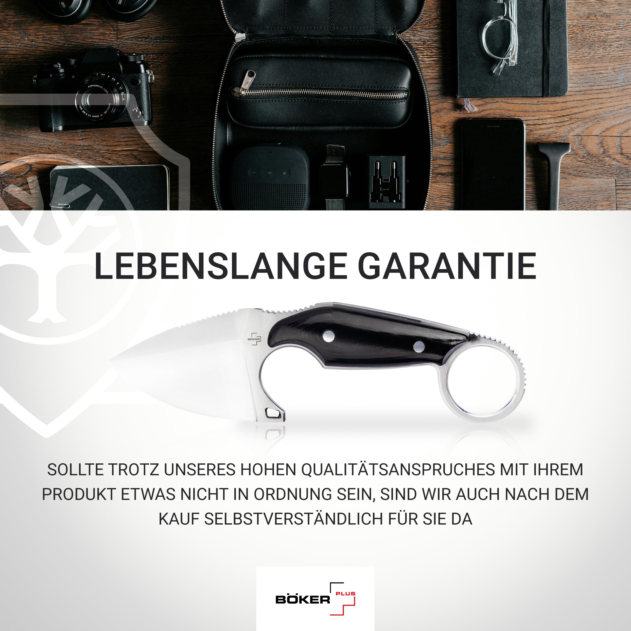 BÖKER PLUS® Enki - kleines Full Tang Messer mit Kydexscheide - taktisches Messer mit 5,6 cm D2 Droppoint Klinge feststehend - Neck Knife 42a konform - Backup Messer mit Micarta Griff schwarz & Ring