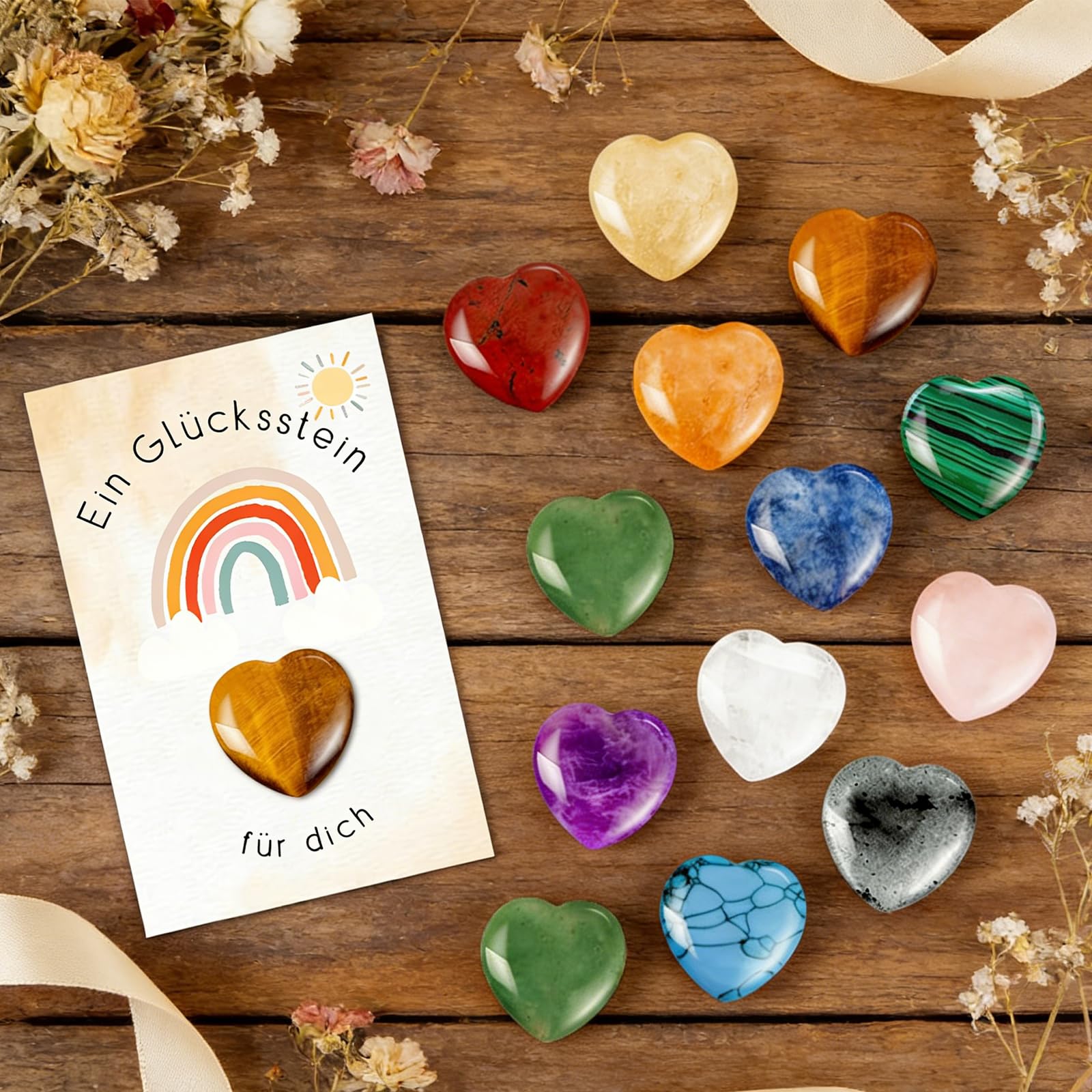 12 Glückssteine Set - Mitgebsel Kindergeburtstag Kleine Geschenke für Kinder mit 12 Herzsteinen & Regenbogenkarten, Mitbringsel für Jungen & Mädchen ab 5 Jahren