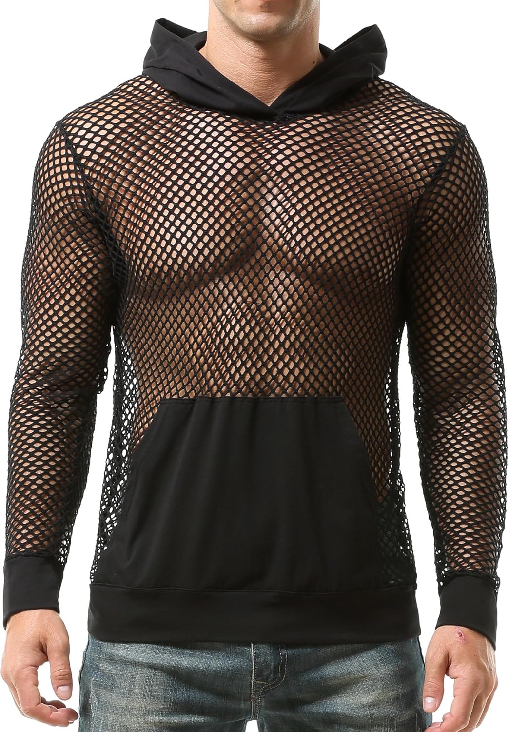 FEOYA Men Fishnet Top Sheer See Through Hoodie Mesh Club Workout Shirts Pullover