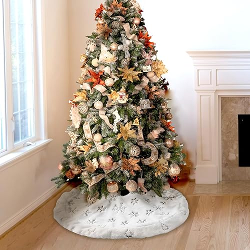 Miniatura 10 de Falda de árbol de Navidad de 36 pulgadas, de piel sintética blanca, copos de nieve, decoración para árboles artificiales de 3 pies, 4 pies y 6 pies