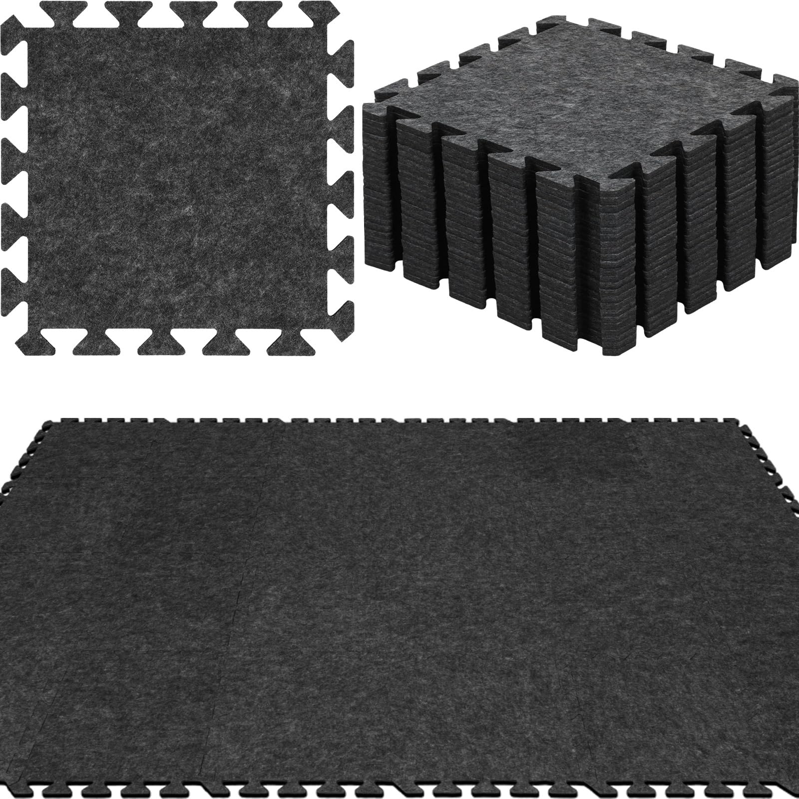 24-Pack Interlocking Carpet Tiles, 12"x12" High Density Felt Floor Mats for Home Gym & Office, 0.3 Inch Thick Soundproof Puzzle Rug Pads for Hardwood Floor Protection & Noise Reduction, Dark Grey