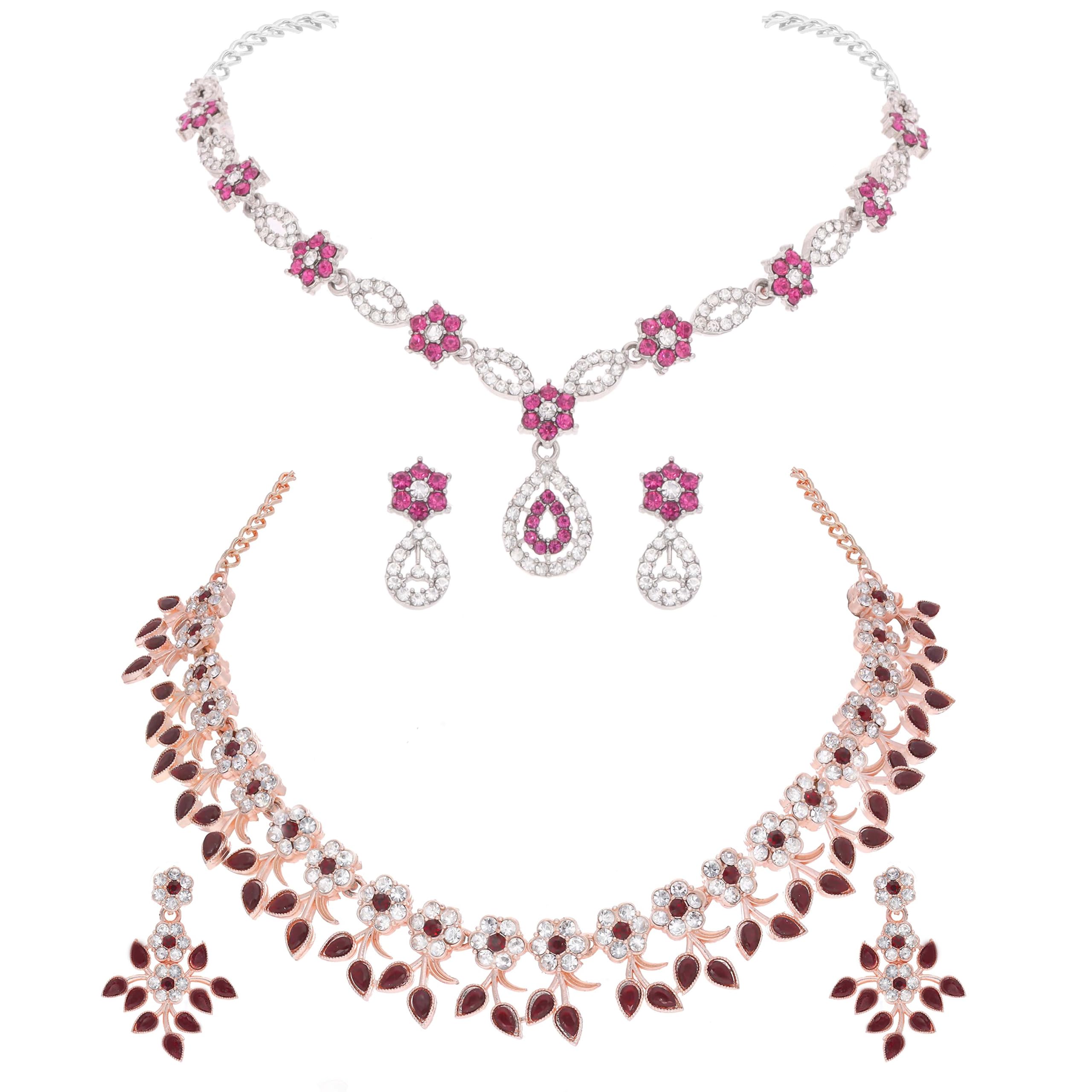 Brado Jewellery Rose Gold & Silver Tone Handcrafted AD Stone Studded Choker Necklace Jewellery Combo set with Matching Pair of Earrings for Women and Girls (Maroon & Pink) (B0D8FN4L79) Amazon Price History, Amazon Price Tracker